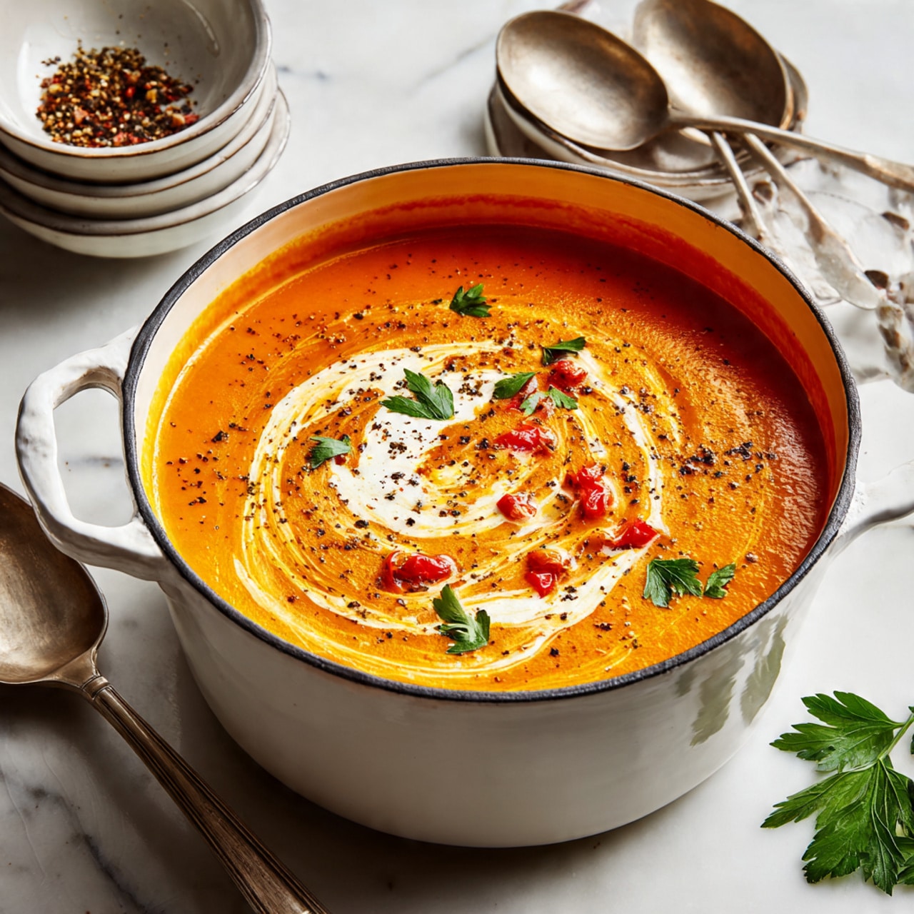 A white handled round pot filled with smooth orange creamy soup, topped with a swirl of white cream, small green parsley leaves, small red tomato pieces scattered on top, and a sprinkle of black pepper. The pot sits on a white marbled texture. In the background, there is a stack of white bowls with two silver spoons on top and some green parsley leaves are visible on the left side. Photo taken with an iphone --ar 4:5 --v 7
