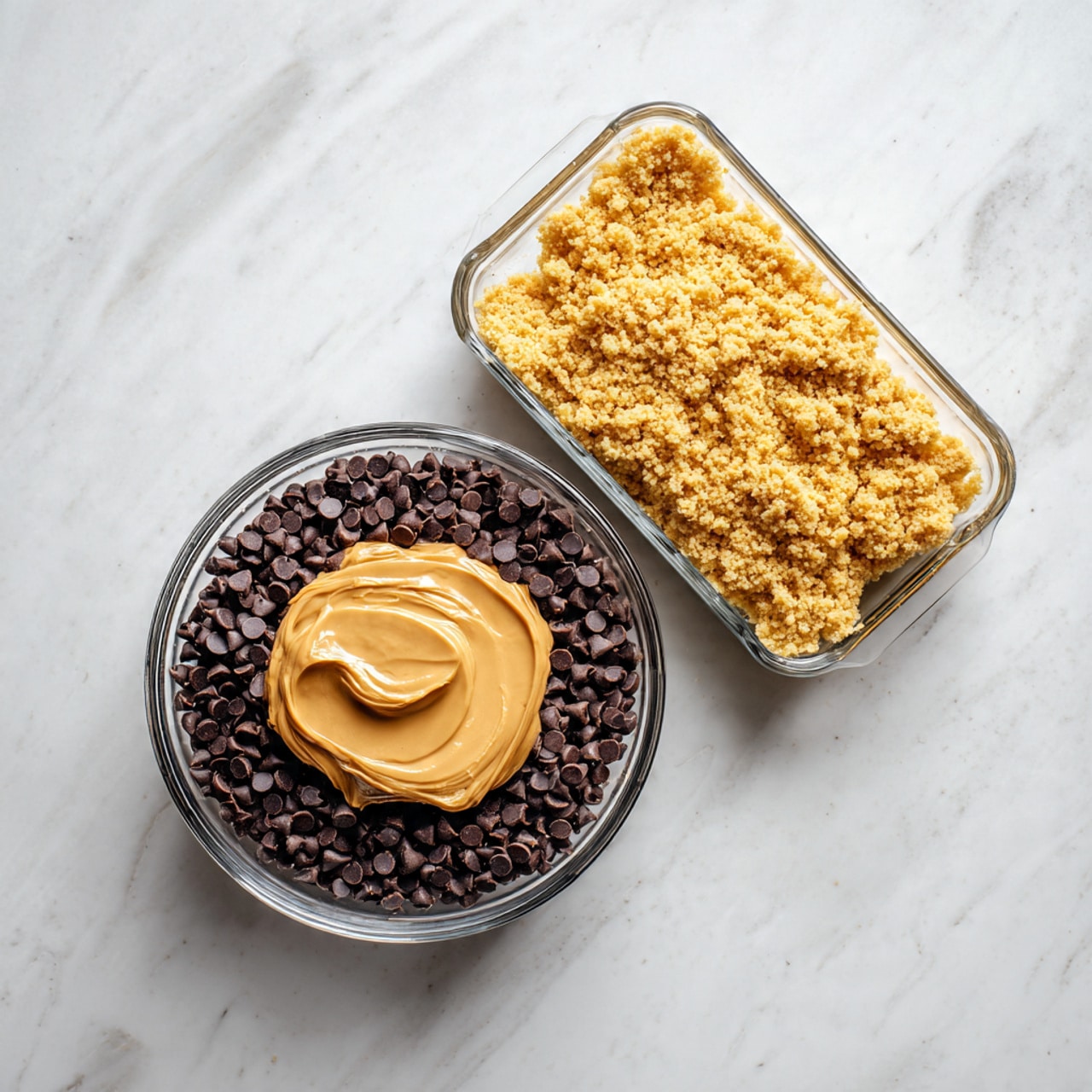A clear glass bowl is set on a white marbled textured surface, filled with a base layer of small dark brown chocolate chips, topped with a thick, smooth dollop of light brown creamy peanut butter in the center. Next to the bowl, on the same surface, there is a rectangular glass dish filled with a crumbly golden brown mixture. The scene is bright and focused from above. photo taken with an iphone --ar 4:5 --v 7