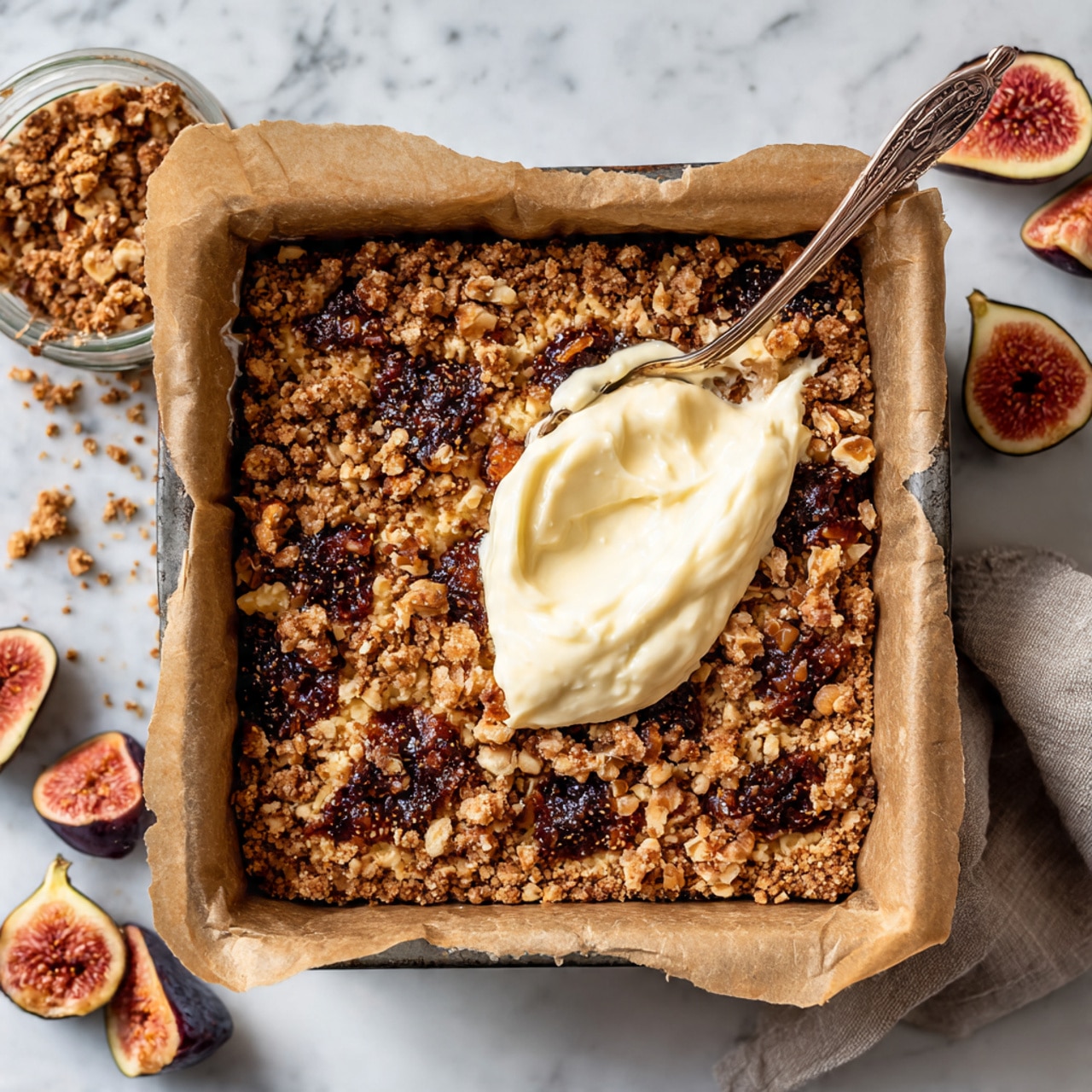 The image shows a square dessert in a baking tin lined with brown parchment paper, placed on a white marbled surface. The dessert has three visible layers: the base layer is a light brown crumbly crust that fills the bottom; the middle layer consists of dark, cooked fig pieces spread evenly over the crust; and the top layer is a thick, creamy off-white mixture being spread with a silver spoon. Around the tin, there are several fresh fig halves with purple skin and pinkish-red interiors scattered on the white marbled surface. Photo taken with an iphone --ar 4:5 --v 7