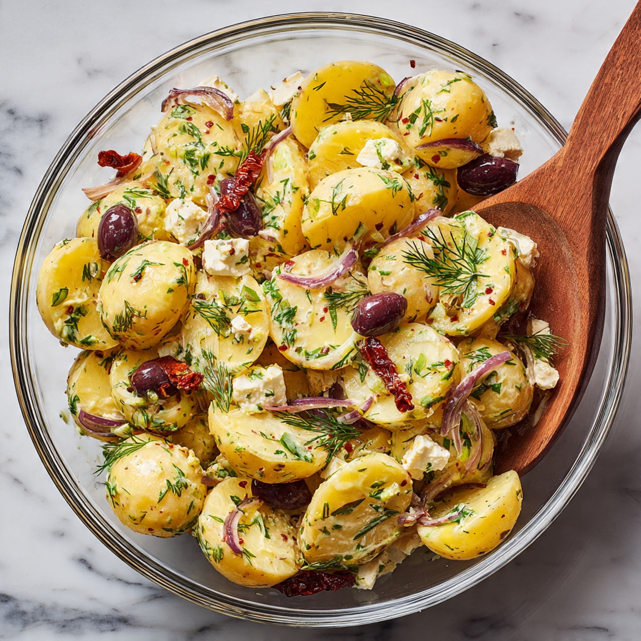 A clear glass bowl holds a layered potato salad with medium-sized yellow potatoes cut in halves showing smooth texture, scattered with soft white feta cheese pieces, thin slices of purple-red onions curling gently, and dark purple sliced olives. Bright green dill sprigs and small green capers dot the salad, with reddish-brown sun-dried tomato strips adding a rich color contrast. A wooden spoon is partially submerged in the bowl among the ingredients. The bowl rests on a white marbled surface. Photo taken with an iphone --ar 4:5 --v 7