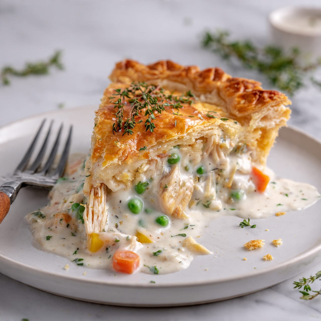 A triangle slice of golden brown, flaky pie crust rests on top of creamy white sauce filled with chunks of light beige chicken, bright green peas, and orange carrot pieces. The flaky top crust is thick and textured with small herbs scattered on it. The pie sits on a simple white plate, with some crust crumbs and sauce spilling slightly onto the plate. A silver fork with a wooden handle is placed underneath the slice. The whole scene is set on a white marbled textured surface. Photo taken with an iphone --ar 4:5 --v 7