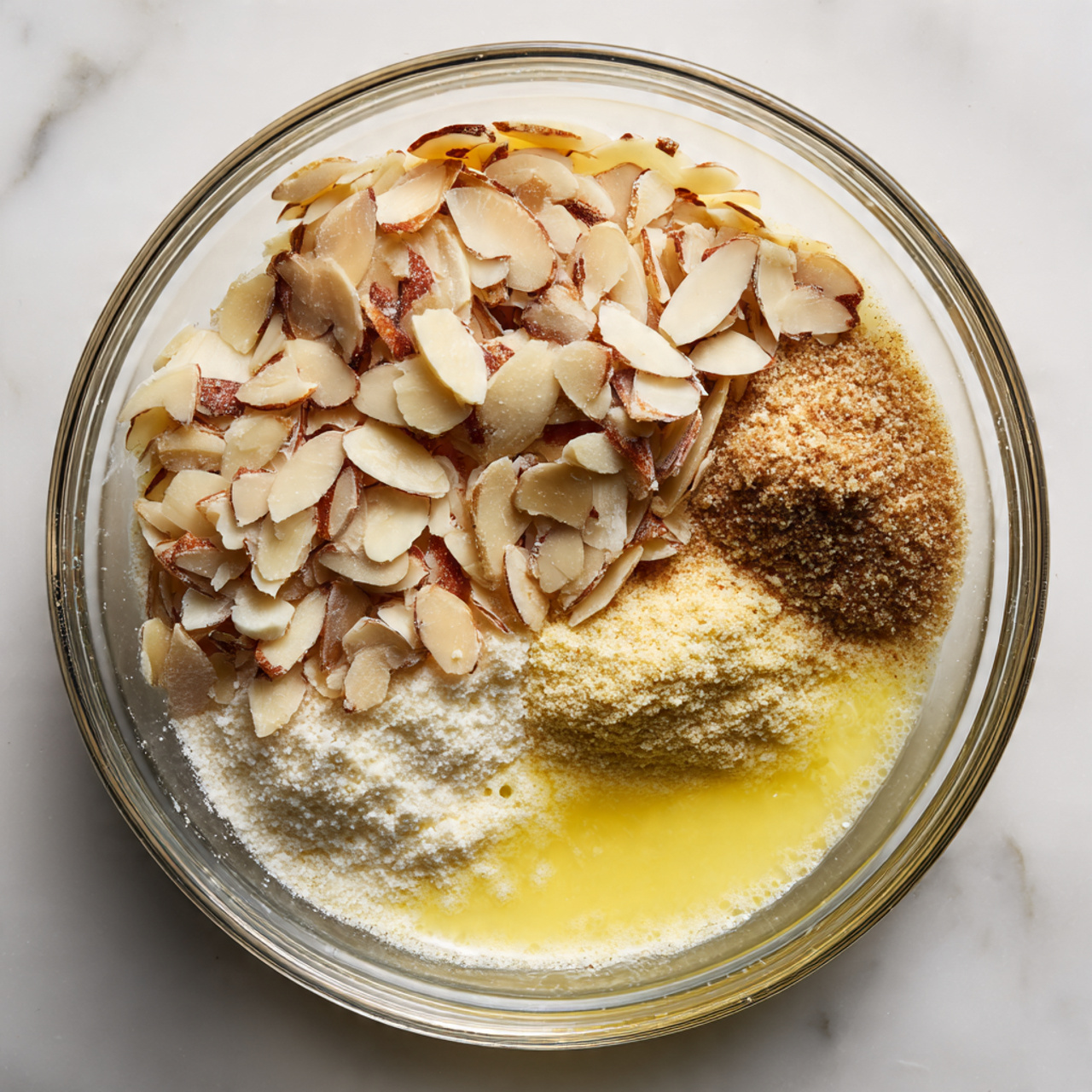 Cranberry Eggnog Cheesecake Bars Recipe 4 A clear glass bowl sits on a white marbled surface, showing three layers of ingredients inside; at the bottom, a light yellow melted butter layer with foam on top, a large area of medium brown fine sugar powder beside it, and a generous pile of thin, pale beige almond slices with reddish-brown edges covering part of the sugar layer on the left side. Photo taken with an iphone --ar 4:5 --v 7