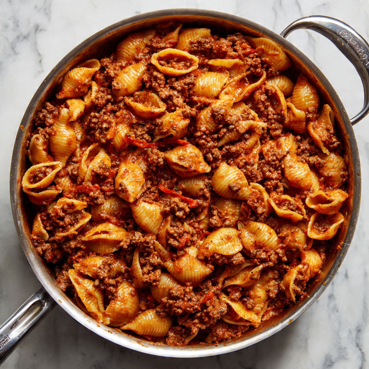 A large white pan filled with pasta shells cooked in a rich, smooth reddish-brown sauce mixed with small pieces of browned ground meat and bits of red pepper. The pasta shells are well coated in sauce, some shells stuffed with the meat mixture, showing a mix of shiny pasta texture and crumbly meat inside. The pan has a silver handle and is placed on a white marbled surface. Photo taken with an iphone --ar 4:5 --v 7