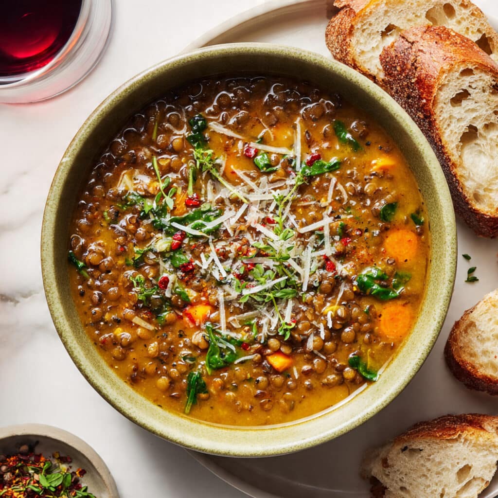 Hearty Lentil Soup with Carrots, Spinach, and Spiced Tomato Broth Recipe