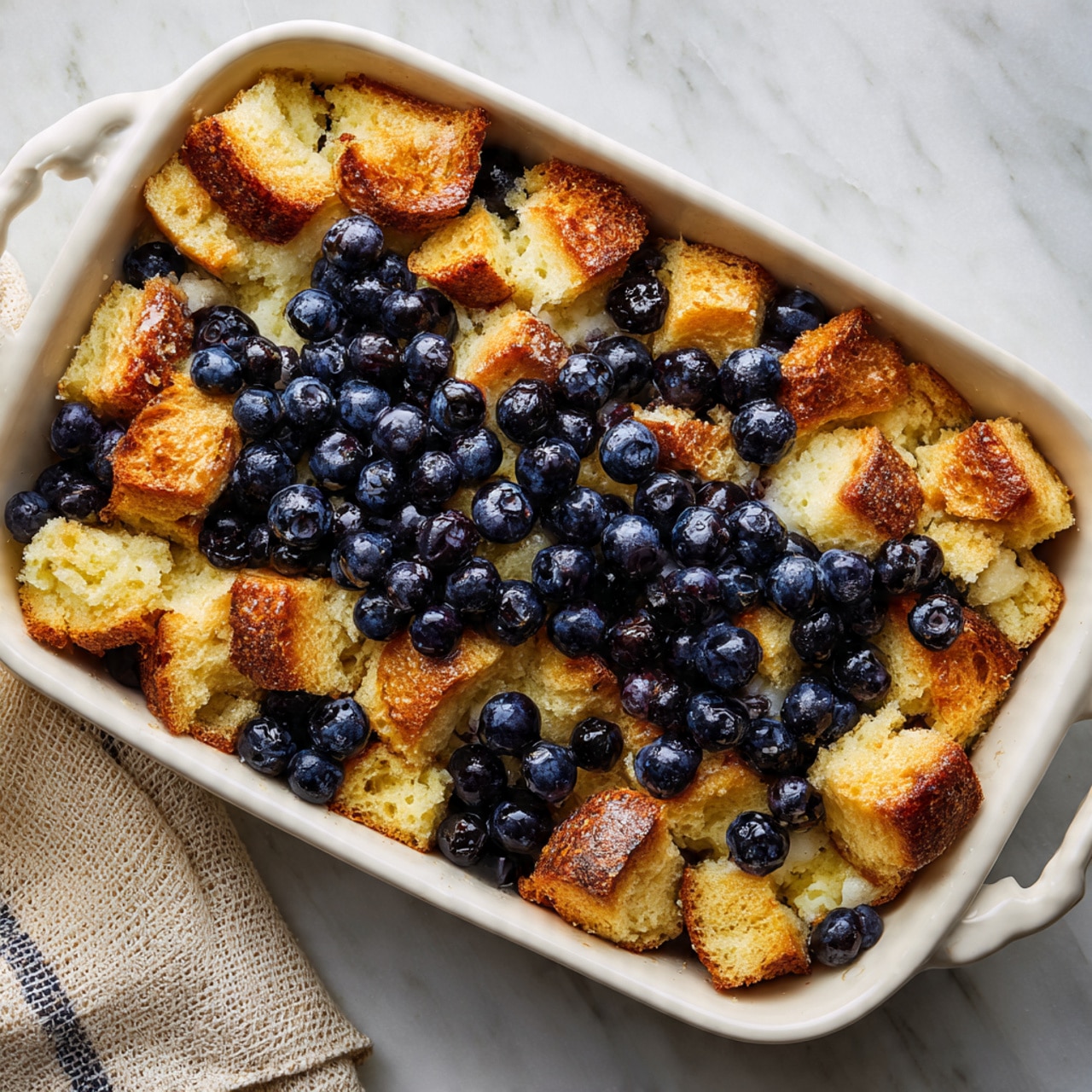 A white rectangular dish is filled with one layer of yellow cake pieces with golden-brown edges, scattered evenly throughout. On top, there is a layer of fresh blueberries, deep blue to purple in color, spread across the cake chunks. The dish sits on a white marbled surface with a small section of a beige and white cloth visible at the bottom left corner. The overall look is neat with a simple and fresh combination of cake and fruit. photo taken with an iphone --ar 4:5 --v 7