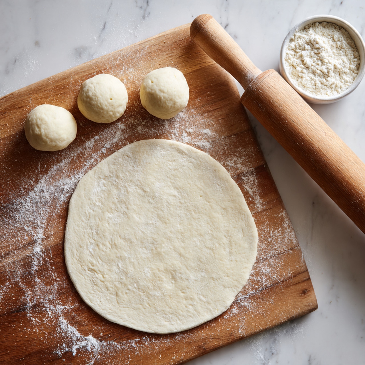 The image shows a flat round dough layer in the center of a wooden surface with light flour dusted around. Above this round dough piece, there are four small, round dough balls with a smooth, light creamy color. To the right of the dough balls is a wooden rolling pin lying diagonally on the wooden surface. On the upper right side, there is a white container filled with white flour. The background is a white marbled texture. Photo taken with an iphone --ar 4:5 --v 7