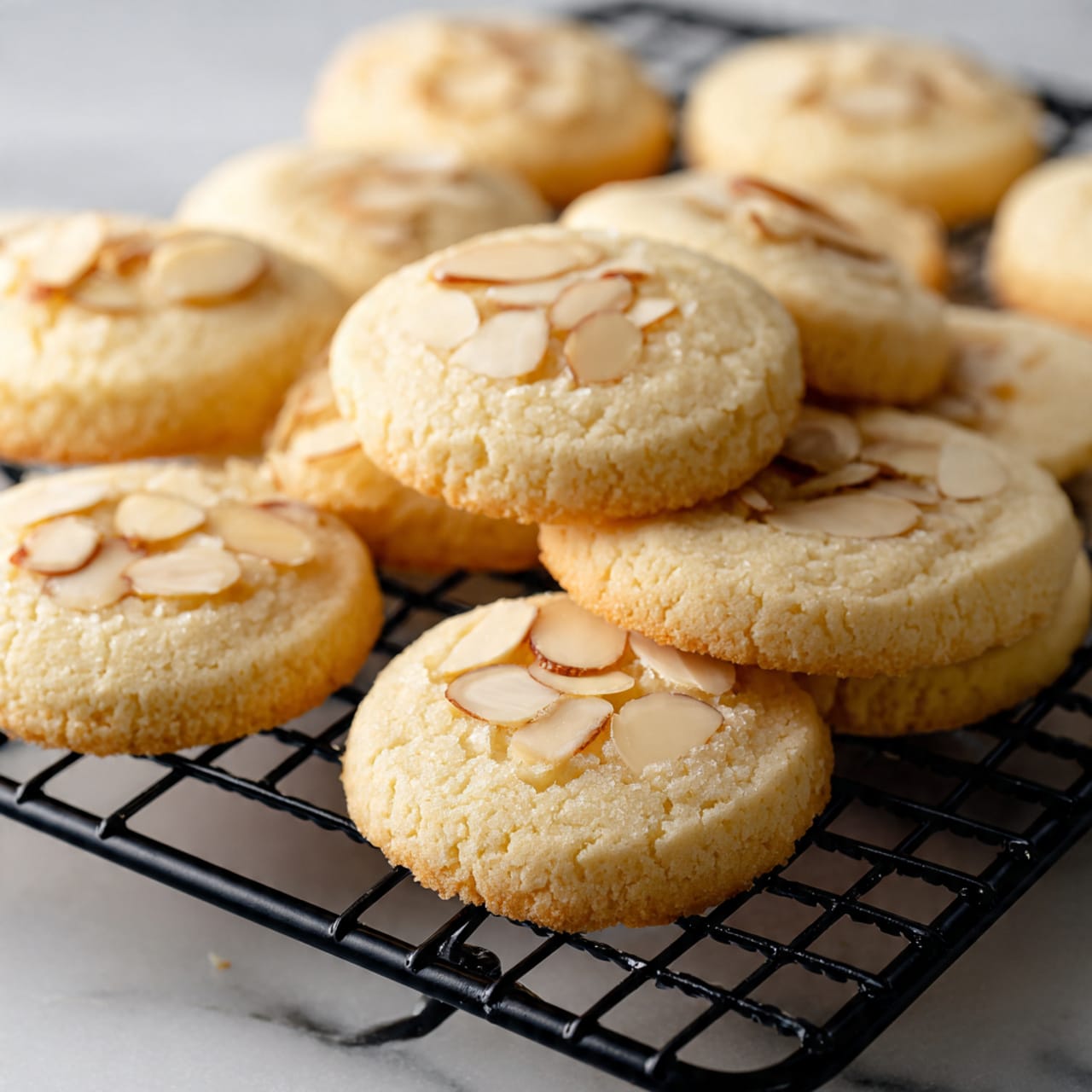 The image shows a black wire cooling rack holding many small round almond cookies that are golden brown with a slightly cracked surface. Each cookie is topped with thin, light beige almond slices scattered evenly, giving a textured look. The rack is placed on a white marbled surface that contrasts softly with the warm color of the cookies. The cookies are arranged loosely, with some touching each other and others spaced apart, displaying their crisp edges and slightly raised centers. The overall look is neat and inviting, focused on the almond details and the baked golden texture photo taken with an iphone --ar 4:5 --v 7
