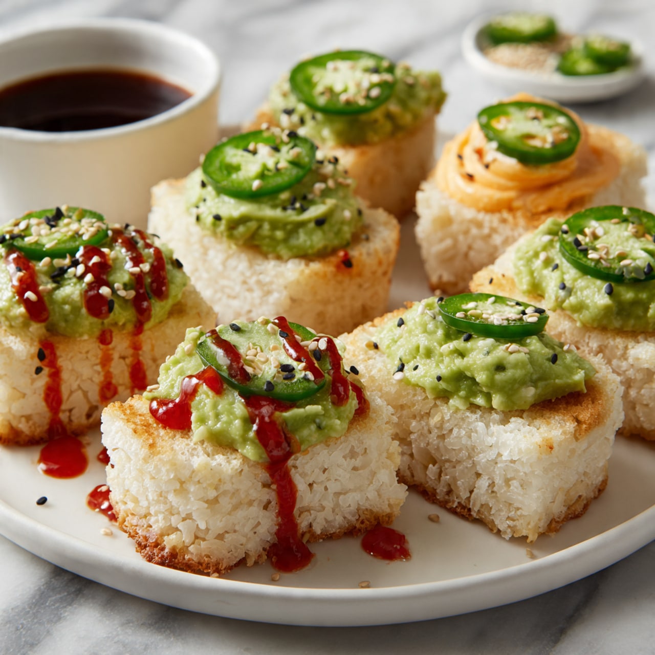 A white round plate holds eight small rectangular crostini arranged in a loose circle. Each crostini has three main layers: the base is a crispy, golden-brown toast with a rough texture, topped with a smooth, bright green guacamole layer, and then a creamy, light orange spread. Thin slices of fresh jalapeño pepper, bright green with visible seeds, sit on top of each toast. They are drizzled with a zigzag of red sauce and sprinkled with white and black sesame seeds. The plate is set on a white marbled surface, with some extra jalapeño slices and a small container of sesame seeds nearby. Photo taken with an iphone --ar 4:5 --v 7