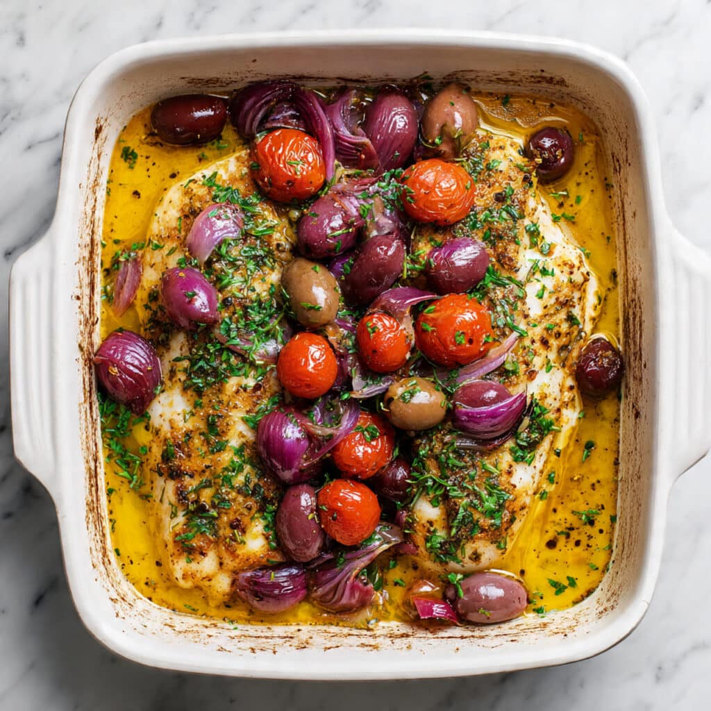 Mediterranean Baked White Fish with Tomatoes and Olives Recipe