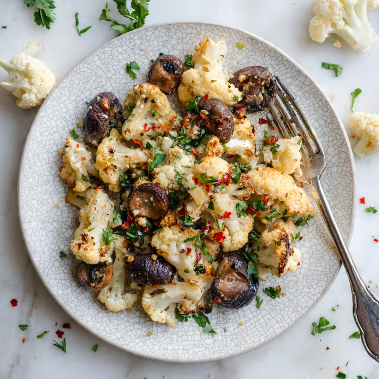 A plate with a white cracked pattern holds a mix of cooked cauliflower florets and whole brown mushrooms. The cauliflower is light cream with some browned spots, and the mushrooms are dark brown and shiny. The vegetables are sprinkled with green chopped herbs and red chili flakes, adding splashes of color. A silver fork rests on the right side of the plate, partly under some cauliflower. The plate is placed on a white marbled surface with some scattered herbs and pieces of cauliflower around it. Photo taken with an iphone --ar 4:5 --v 7