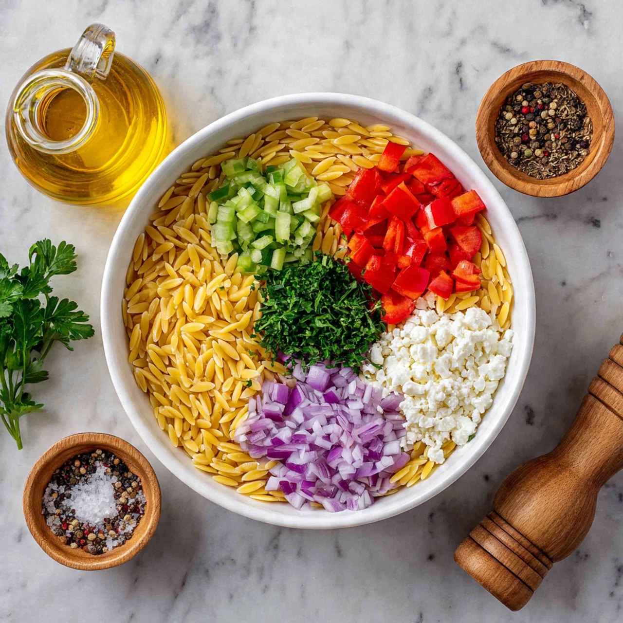 A white bowl is filled with five separate layers of ingredients arranged neatly on a white marbled surface. The bottom layer consists of small, light yellow orzo pasta covering the entire base of the bowl. On top of the pasta, five sections are placed: diced light green celery on the upper left, chopped bright red bell pepper on the upper right, crumbled white cheese on the middle right, finely chopped purple onion on the lower right, and fresh green parsley in the center. Around the bowl on the white marbled surface are a small glass bottle of golden olive oil, a wooden bowl of mixed peppercorns, and a wooden bowl with coarse white salt and a pestle. Photo taken with an iphone --ar 4:5 --v 7
