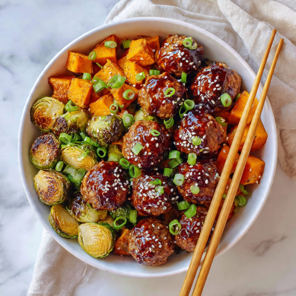 Korean BBQ Meatballs with Roasted Sweet Potatoes and Brussels Sprouts Recipe