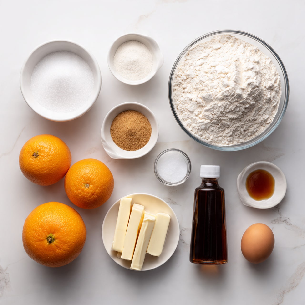 The image shows various baking ingredients arranged neatly on a white marbled surface. In the top right is a large clear bowl filled with white all-purpose flour. To its left, a clear smaller bowl holds white granulated sugar. Below the sugar is a small white bowl with light brown ground cloves. Next to it on the right is an empty small white bowl labeled baking soda. Below, a tiny white bowl holds white kosher salt. To the left is a small clear measuring cup with dark brown vanilla extract. Two sticks of unsalted butter in their pale yellow wrappers sit side by side in the bottom left. Towards the bottom center are two whole bright orange oranges, next to a tall dark brown bottle of orange extract and a small orange food coloring bottle. On the far right is a single light brown egg. All items are tidy and easily visible. Photo taken with an iphone --ar 4:5 --v 7