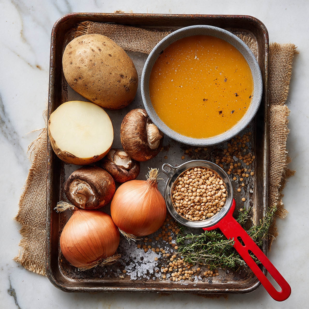 A long dark metal tray rests on a white marbled surface covered partly by a rough burlap cloth. The tray holds a few fresh brown potatoes, one with a thick slice peeled off showing a creamy yellow inside. Near the potatoes, there are three whole small onions with a reddish-brown outer skin. Next to them is a small gray bowl filled with bright orange broth. Scattered mushrooms, both whole and halved, show dark brown caps and white gills. A small metal strainer with a red handle is filled with dry beige lentils and placed near fresh green thyme sprigs. A few peppercorns and salt crystals are sprinkled on the tray for extra texture. photo taken with an iphone --ar 4:5 --v 7