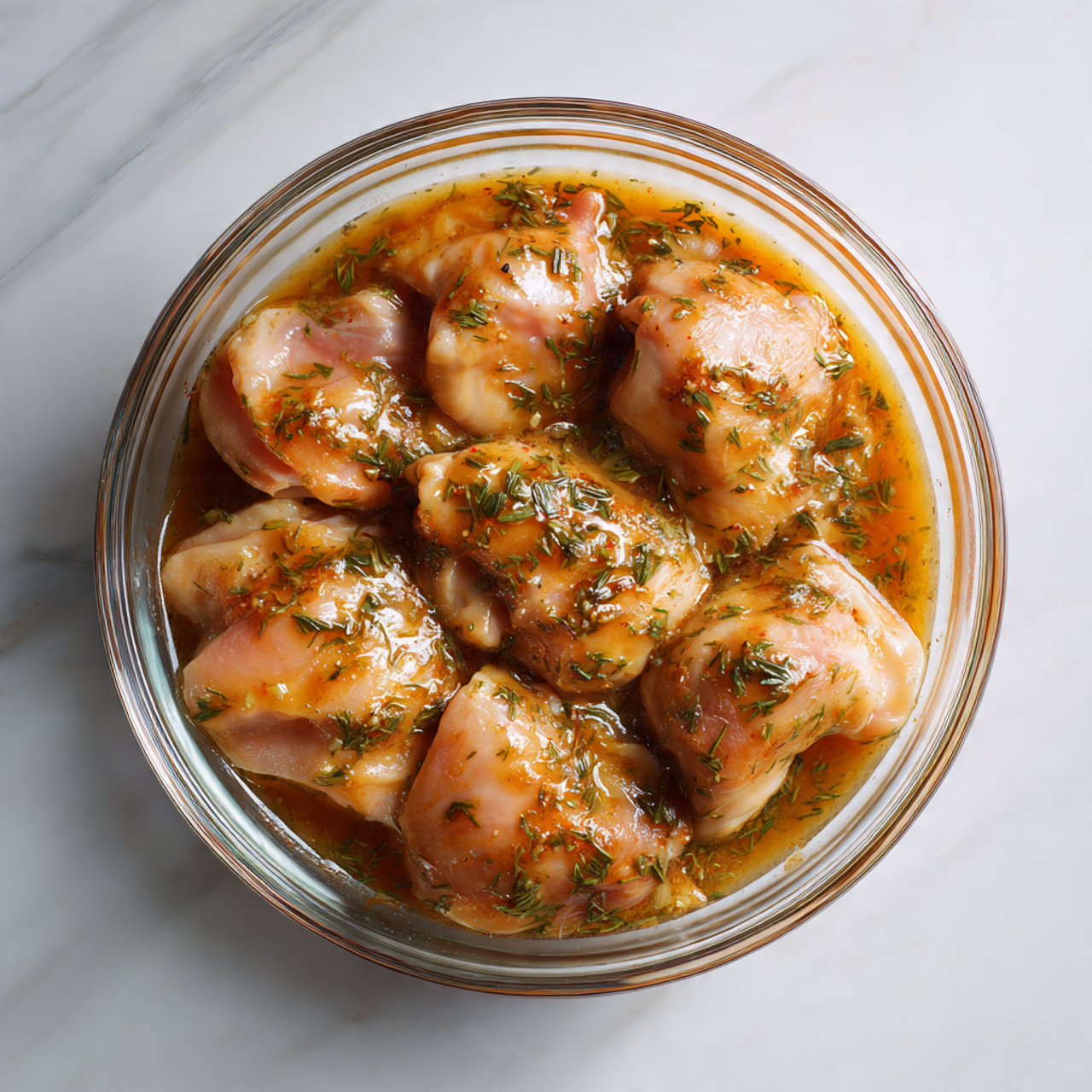 A clear glass bowl filled with about eight pieces of raw chicken thighs marinating in an orange-brown sauce mixed with small bits of herbs and spices, the chicken pieces are pale pink with a slight shine from the sauce covering them, all resting on a white marbled surface. photo taken with an iphone --ar 4:5 --v 7
