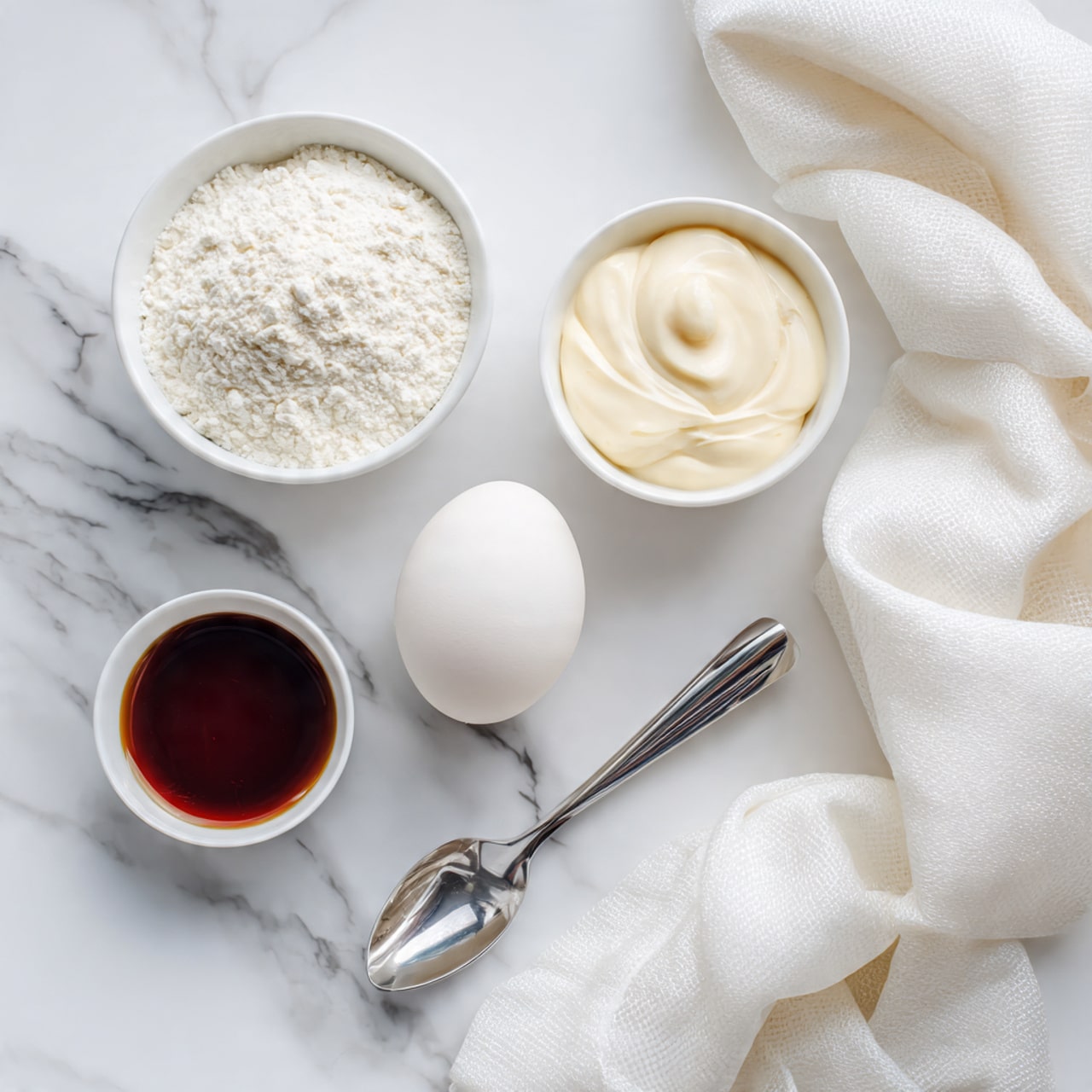 The image shows a top view of several baking ingredients arranged on a white marbled surface. There are three small white bowls; the left bowl holds a white powder, the middle bowl contains a creamy, slightly yellow mixture, and the right bowl has a small amount of white liquid. Below the bowls is a white egg placed upright, and beneath the egg is a metal measuring spoon filled with a dark liquid. To the right side of the image, there is a crumpled white cloth. photo taken with an iphone --ar 4:5 --v 7