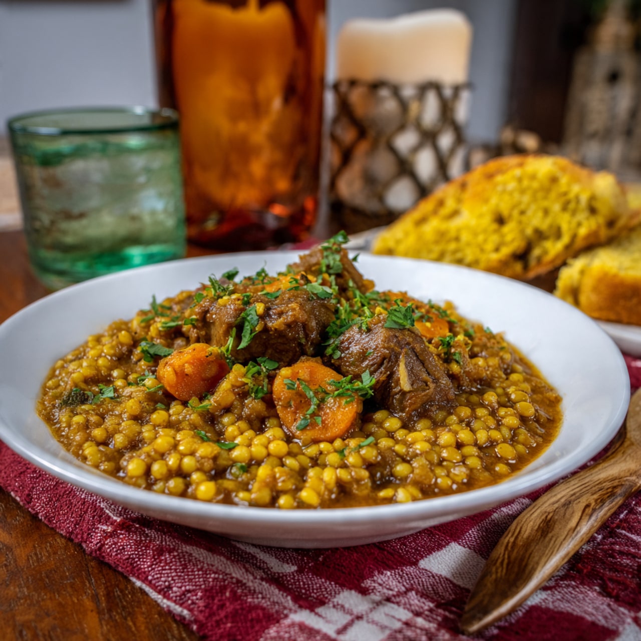 The image shows a black slow cooker filled with a thick stew. The stew has chunks of brown meat, slices of orange carrots, and light beige barley grains all mixed in a rich, golden-brown broth. Small green herb pieces are scattered on top, adding a fresh touch. The slow cooker sits on a white marbled surface. photo taken with an iphone --ar 4:5 --v 7