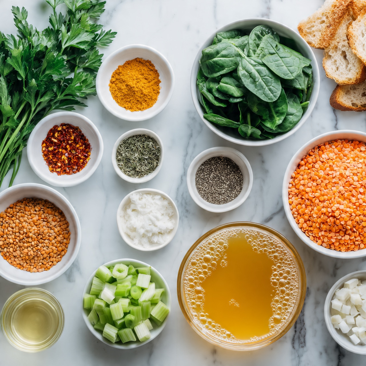 The image shows many small white bowls and plates with fresh ingredients on a white marbled surface. From left to right, there is a bunch of green parsley leaves, small flat white bowl with red chili flakes, small white bowl with minced garlic, small white bowl with olive oil, white bowl with whole lentils, white bowl filled with fresh spinach leaves, small transparent glass with lemon juice, a big transparent container filled with yellow broth, white bowl with chopped orange carrots, white bowl with chopped green celery, brown bowl with chopped white onions, small white bowl with dried herbs, small white bowl with ground coriander, small white bowl with curry powder, small black bowl with salt, small wooden bowl with ground pepper, white bowl filled with red tomato sauce, sliced white bread pieces, and small white plate with grated cheese. All these items are neatly arranged in rows. photo taken with an iphone --ar 4:5 --v 7