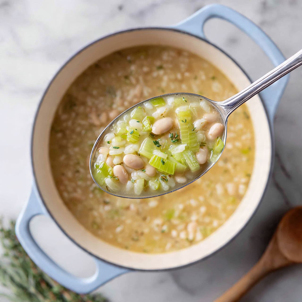 A close-up view of a creamy soup inside a light blue pot with a white inside, filled with soft white beans and small pieces of green vegetables, likely celery or leek, all mixed in a thick, slightly yellow broth. The soup looks warm and comforting with small bits of herbs sprinkled evenly. In the foreground, a silver spoon holds a spoonful of the soup showing beans and green vegetable pieces clearly. The pot sits on a white marbled surface with a bit of greenery and a wooden utensil visible at the edges. Photo taken with an iphone --ar 4:5 --v 7