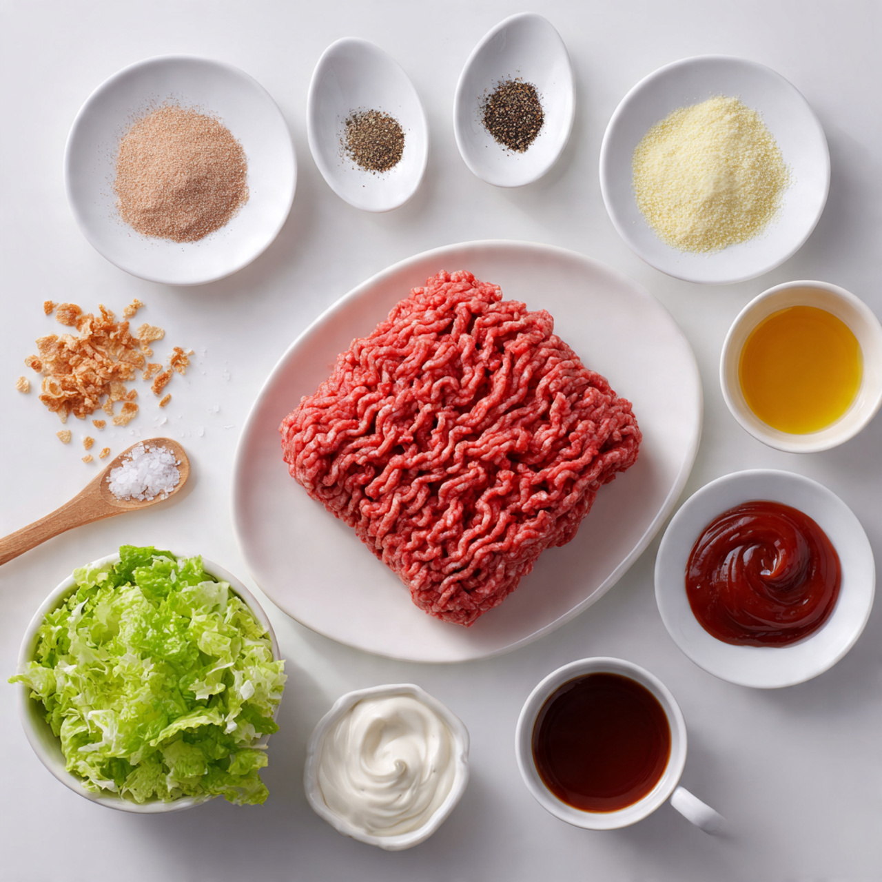 The image shows a large block of raw ground meat, deep red and textured, placed in the middle of a white plate. Around the plate, there are small separate white bowls and dishes containing various ingredients: a white plate with light brown Italian seasoning powder at the top, a white dish with black pepper powder to the upper left, a white bowl with fine light yellow garlic powder to the upper right, and a small white bowl with creamy white sour cream below the garlic. Near the bottom left is a white spoon with light brown onion flakes next to a small white bowl of white salt crystals. In front and slightly below the meat plate, there is a white bowl filled with bright green, roughly chopped lettuce. Near the lettuce bowl, close to the bottom of the image, are three small white bowls: one holding dark red ketchup, one with dark brown soy sauce, and one with deep amber maple syrup. Photo taken with an iphone --ar 4:5 --v 7