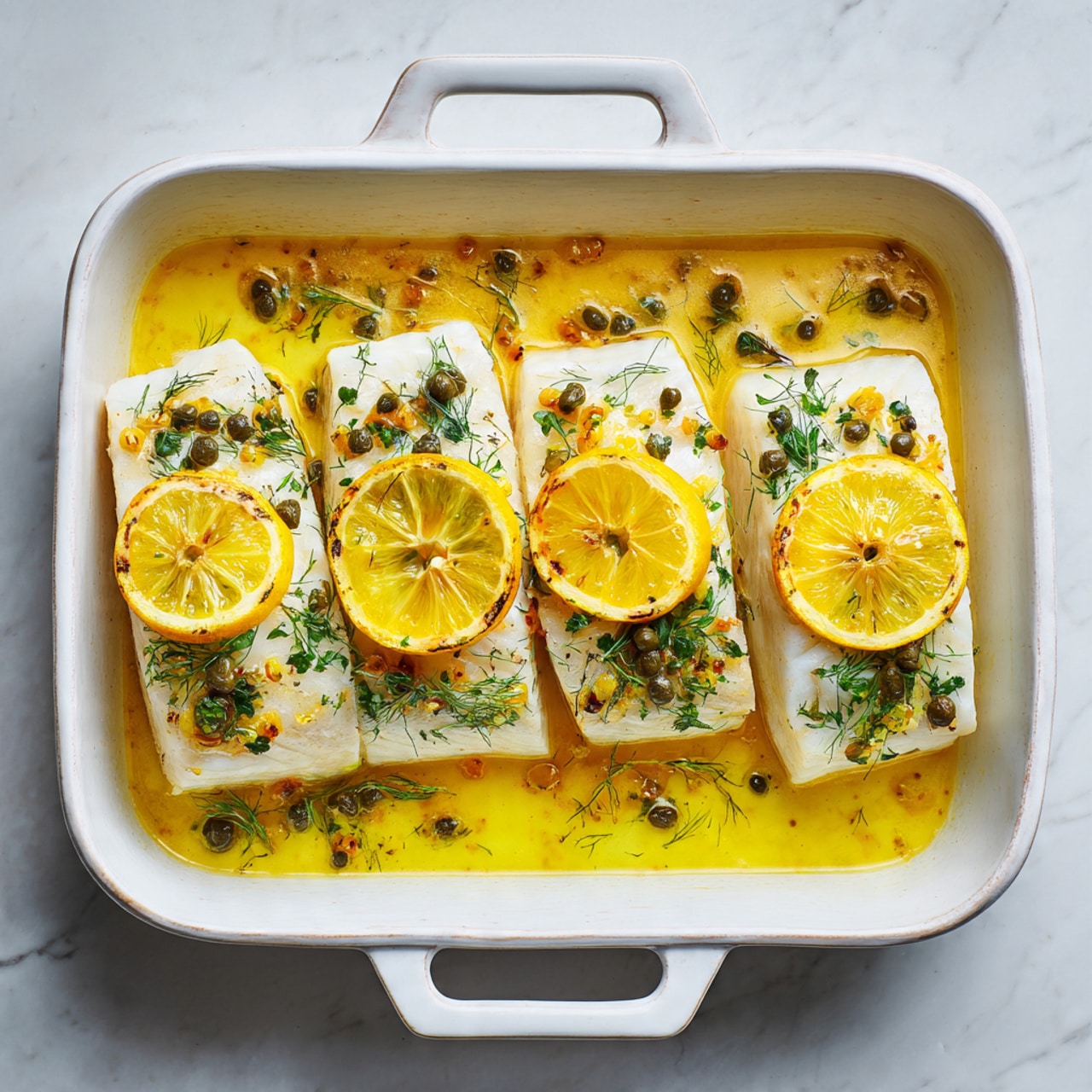 Four thick white fish fillets are placed in a white rectangular baking dish with handles. Each fillet is topped with a bright yellow lemon slice. The fillets sit in a light yellow sauce that has small green herbs and capers scattered across the dish, adding texture and color. The background is a white marbled surface. photo taken with an iphone --ar 4:5 --v 7