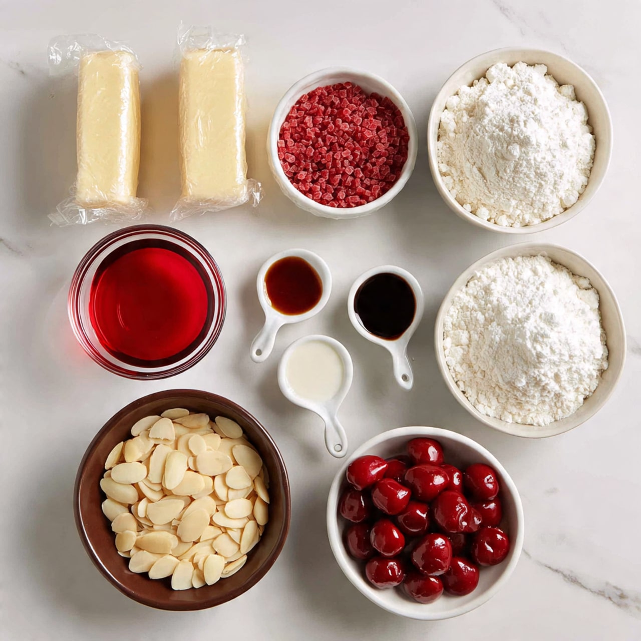 A top-down view of various baking ingredients arranged neatly on a white marbled surface: two sticks of butter wrapped in paper at the top left, a small clear glass bowl of bright red maraschino cherry juice near the center, a small white bowl filled with coarse red decorating sugar to the left, and a small brown bowl full of slivered almonds at the center bottom. Measuring spoons holding almond extract, vanilla extract, and salt are laid out in a row, with a small glass cup of milk nearby. At the top right, a brown bowl piled high with white powdered sugar contrasts with a small white bowl of shiny red maraschino cherries at the bottom right. A square white bowl filled with all-purpose flour sits at the bottom left. The layout is clean and organized, with all ingredients clearly visible. Photo taken with an iphone --ar 4:5 --v 7