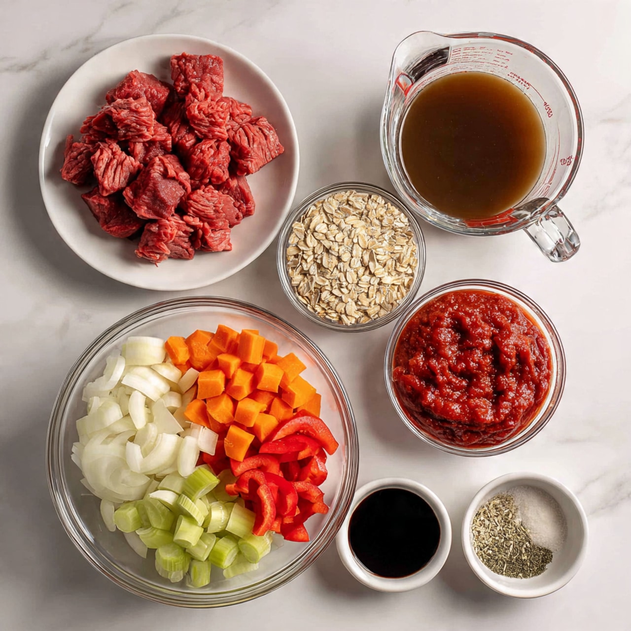 The image shows a collection of ingredients on a white marbled surface. In the top left, a white plate holds raw red beef chunks. Next to it on the right is a clear glass measuring cup filled with dark brown broth. Below the broth, a small clear glass bowl contains light beige rolled oats, and beside it is another small clear glass bowl with thick deep red tomato paste. Below the tomato paste, there is a small white dish filled with dark soy sauce. In the center bottom left, a large clear glass bowl contains four neatly arranged layers: chopped white onions in the top left, bright orange carrot slices in the right section, sliced pale green celery at the bottom left, and minced garlic in a small corner of the same bowl. Below this bowl, a small white dish holds a mix of dry herbs, black pepper, and salt. Photo taken with an iphone --ar 4:5 --v 7