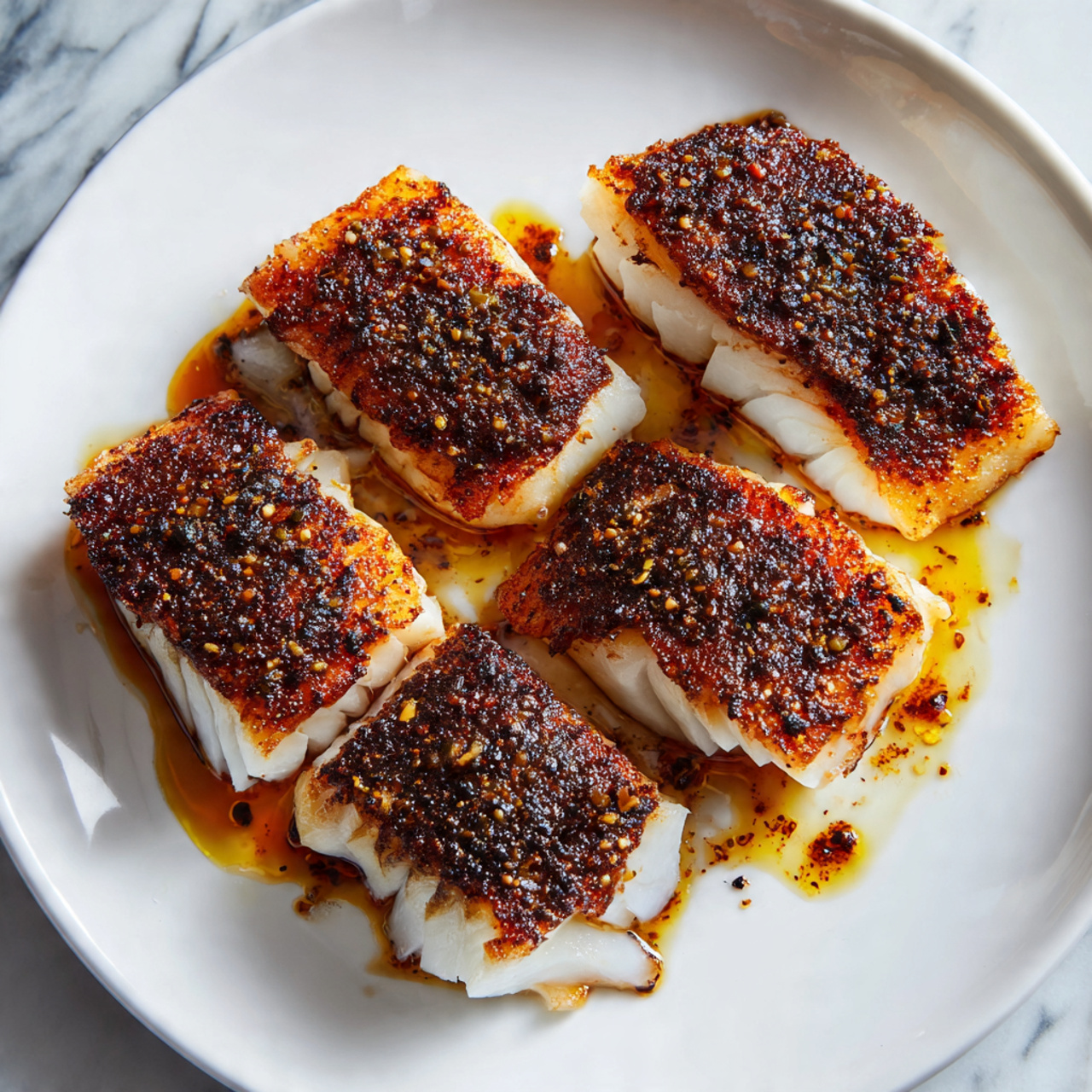 The image shows four pieces of cooked fish with a crispy, dark brown, and slightly charred spice crust on top. Each piece is rectangular with visible white flaky layers underneath the spice coating. The fish pieces are placed evenly spaced on a white plate with slight oil drops and seasoning specks around them. The background is a white marbled texture. photo taken with an iphone --ar 4:5 --v 7