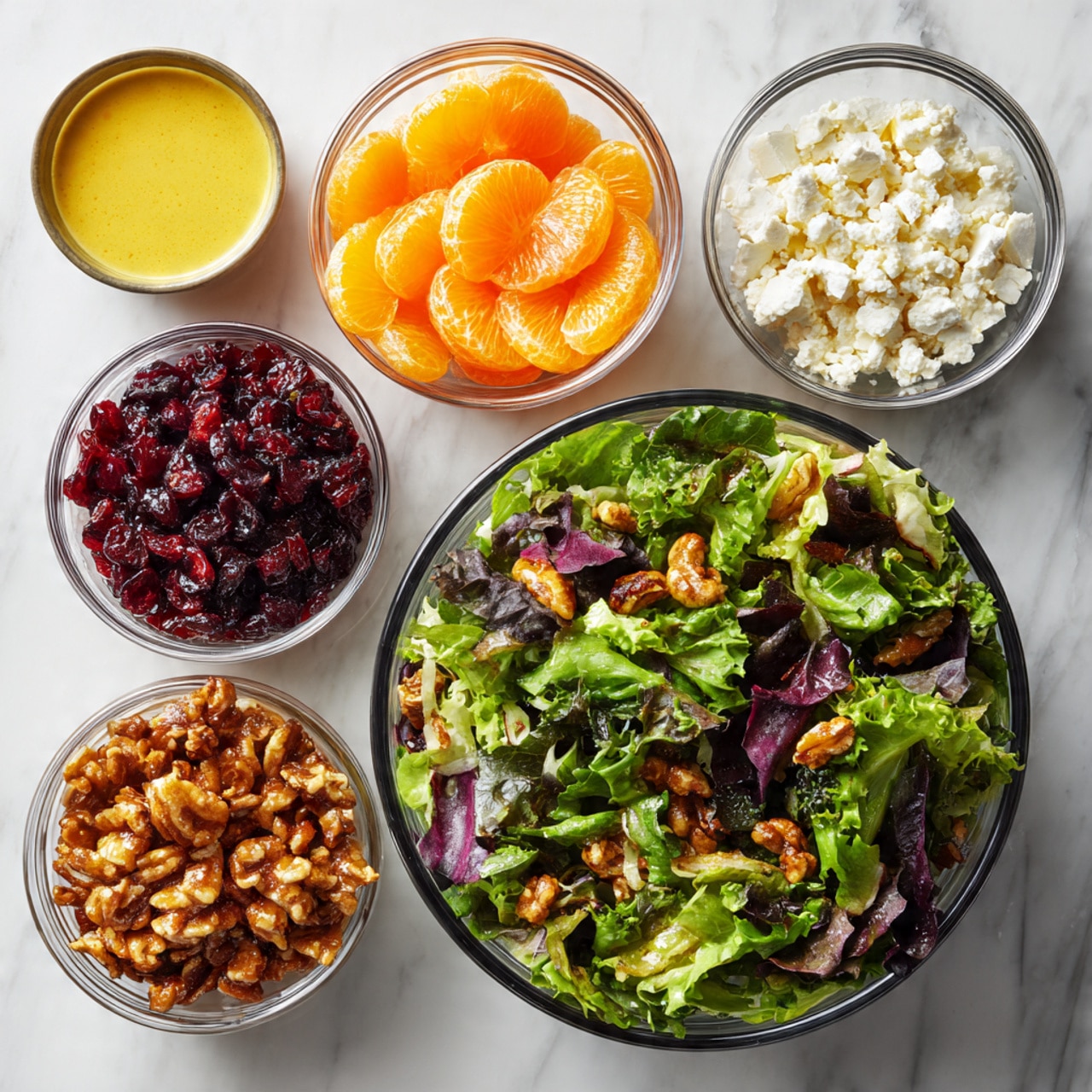 The image shows six clear glass bowls arranged on a white marbled surface. In the center, there is a large bowl filled with mixed greens, which include dark green, light green, and purple leafy vegetables. Surrounding this, starting from the top left and moving clockwise, are smaller bowls containing bright orange mandarin orange slices, deep red pomegranate seeds, honey mustard dressing with a smooth yellow color, candied nuts with a caramelized brown texture, and crumbled white feta cheese. The bowls are all round and transparent, displaying the vibrant colors and textures of each ingredient clearly. Photo taken with an iphone --ar 4:5 --v 7