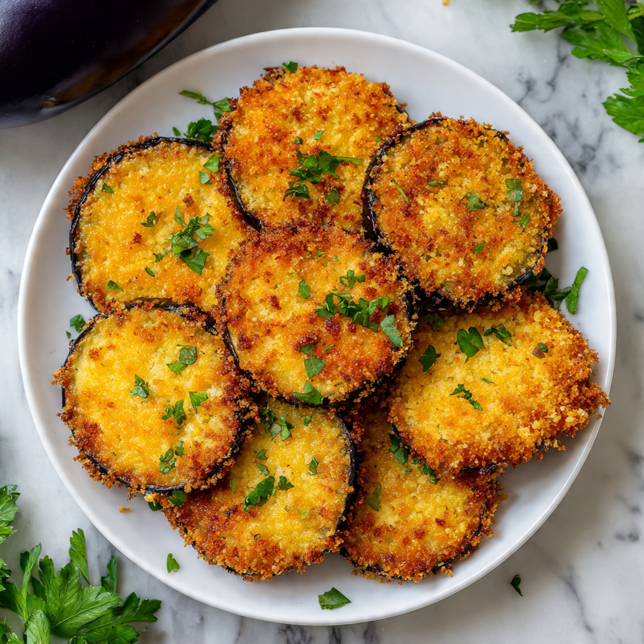 The dish shows several round slices of eggplant, each coated with a thick, golden-brown, crispy breadcrumb layer on both sides. The eggplants' dark purple skin edges peek out around the crunchy coating. The slices are stacked in a shallow pile on a white plate, with small bright green chopped herbs sprinkled on top and around for garnish. The plate is set on a white marbled surface, and soft natural light shines on the textured, crunchy coating making it look appetizing and freshly made. photo taken with an iphone --ar 4:5 --v 7