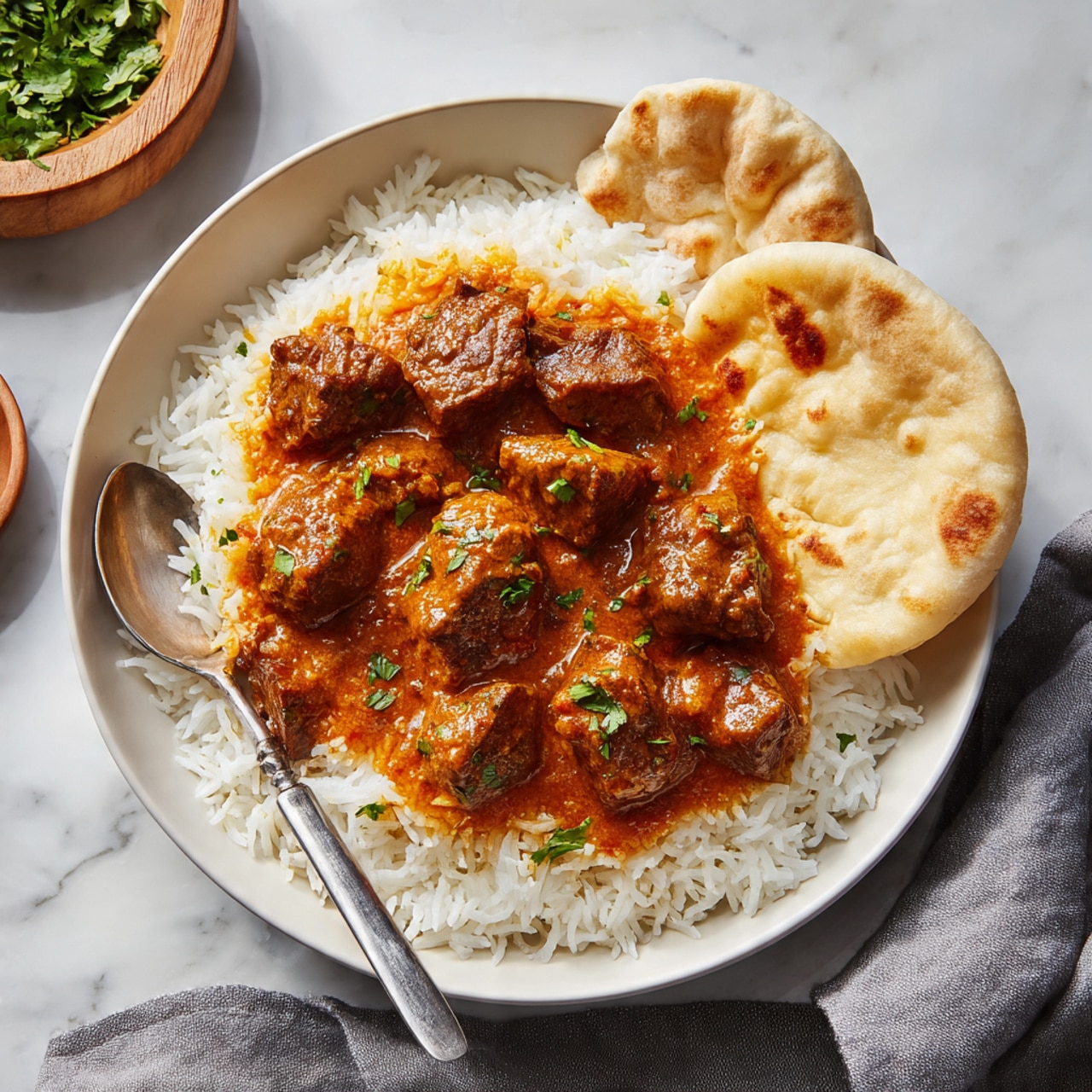 A white bowl filled with a bed of fluffy white rice forming the base layer, topped with chunks of meat covered in thick orange-brown curry sauce sprinkled with small green herb pieces. On one side, two round pieces of slightly browned flatbread rest against the rice. A silver spoon is placed inside the bowl, with its handle extending outward. The bowl is set on a white marbled surface, with a wooden bowl of green herbs visible in the upper left corner and a grey cloth partially visible at the bottom right. photo taken with an iphone --ar 4:5 --v 7