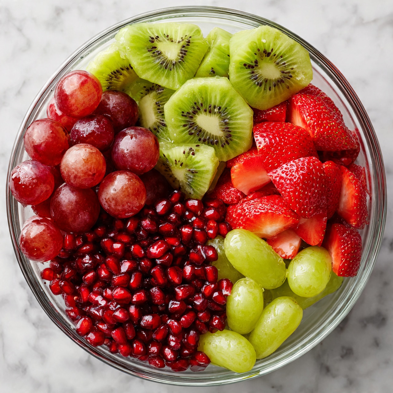 A clear glass bowl filled with four types of fruit arranged in separate sections: the top section has green kiwi slices showing light green flesh and small black seeds, the right section holds bright red strawberry halves with visible seeds and juicy texture, the middle has a cluster of shiny red pomegranate seeds, and the left section contains mixed red and green grapes with smooth, round surfaces. The bowl sits on a white marbled surface. photo taken with an iphone --ar 4:5 --v 7