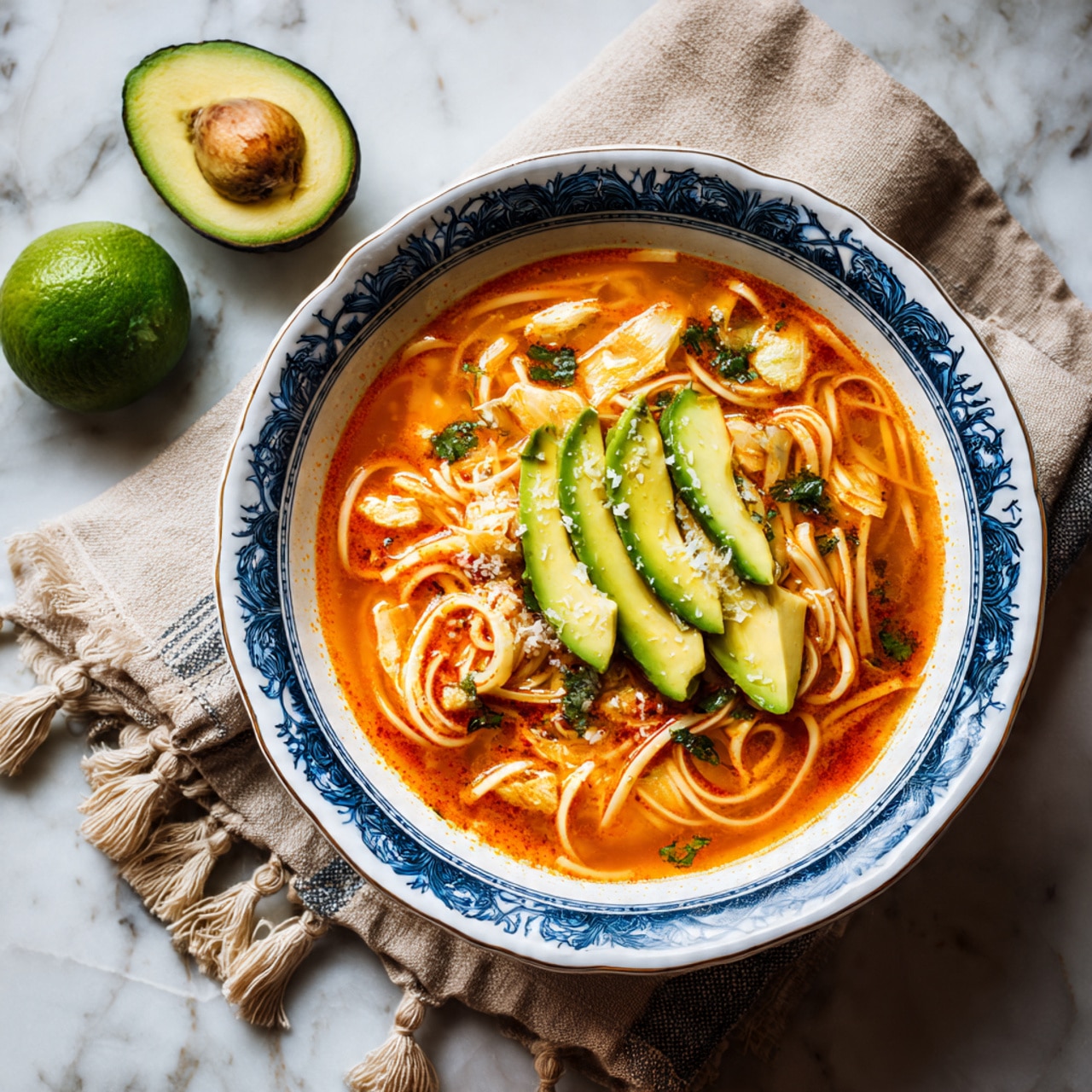 A white bowl with blue patterns on the rim holds a warm orange soup filled with thin brown noodles. On the top, three bright green slices of avocado lay side by side, sprinkled with small white bits of cheese. The bowl is placed on a folded beige cloth with tassels, which sits on a white marbled surface. Around the bowl, there is a half avocado with its pit, a smashed lime half, and another lime half, all adding fresh green and yellow tones to the scene. photo taken with an iphone --ar 4:5 --v 7