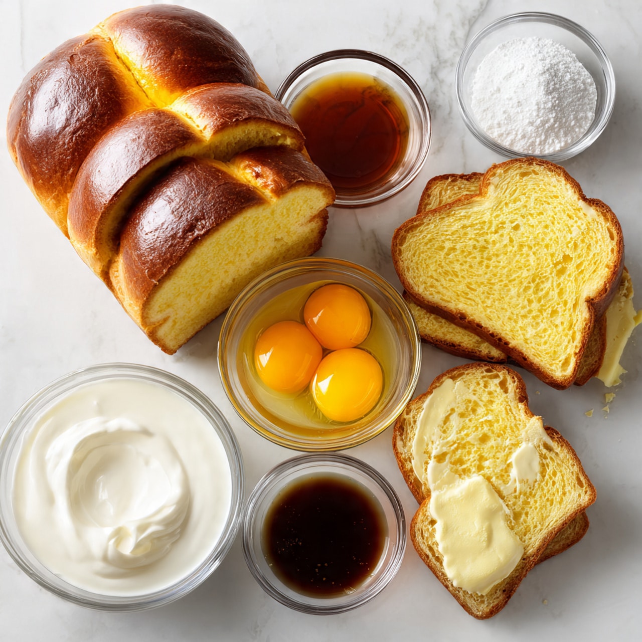 The image shows slices of golden-yellow brioche bread stacked diagonally on the left side against a white marbled surface. Surrounding the bread are six small clear glass bowls arranged neatly: one filled with thick white cream, one with light white milk, one with dark brown vanilla extract, one with four bright yellow egg yolks, one with white granulated sugar, and one with melted yellow butter. Each bowl is labeled with black text on a transparent white box above the ingredients. The overall setup is clean and bright with a focus on the rich colors and smooth texture of each ingredient. photo taken with an iphone --ar 4:5 --v 7