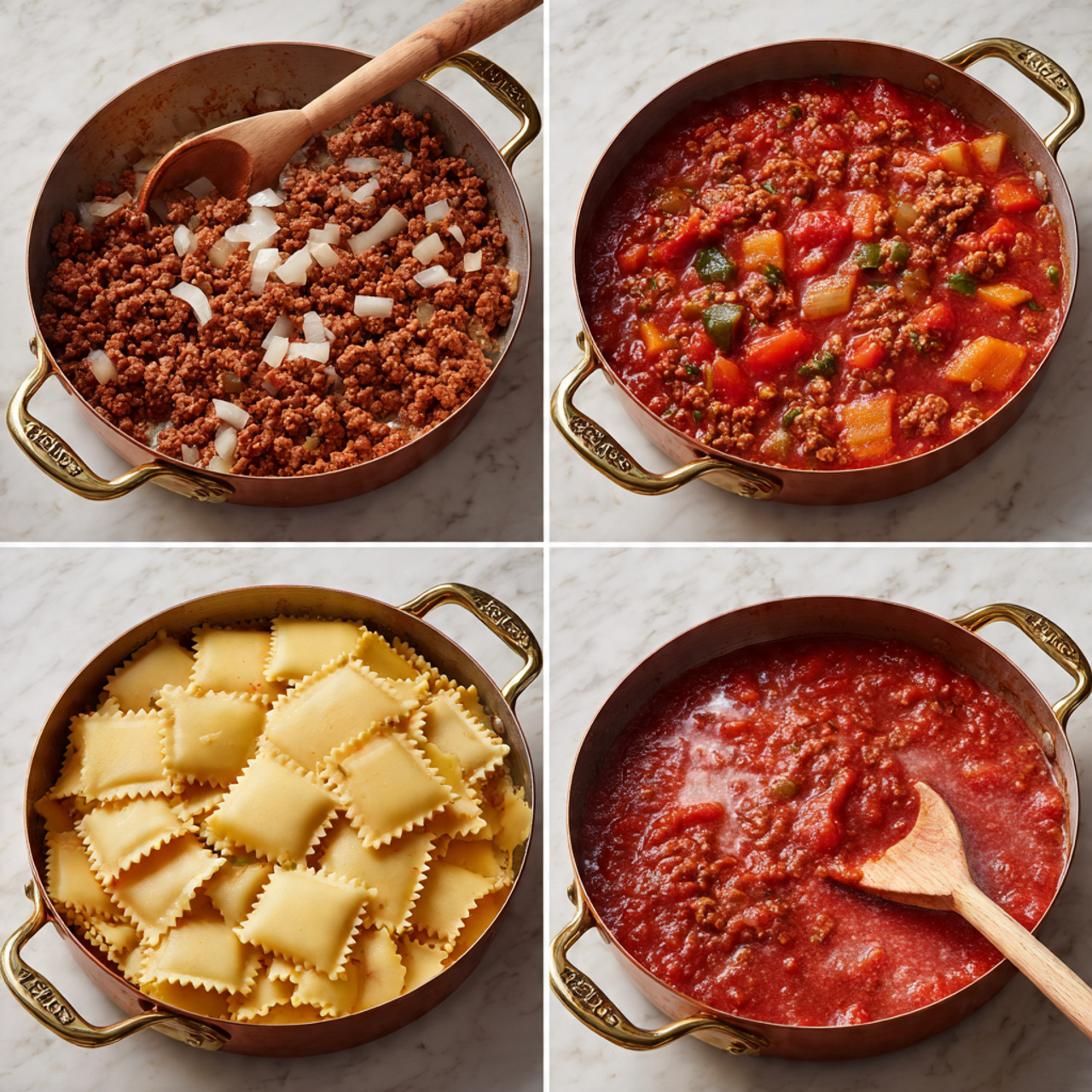 Easy Creamy Lasagna Soup Recipe 4 The image shows four stages of cooking lasagna noodles with sauce in a round bronze pan with two handles, placed on a white marbled surface. In the top-left, browned ground meat and chopped onions with a wooden spoon rest in the pan; the meat is brown with a mix of pink bits and the onions are translucent. In the top-right, the pan is filled with a rich red tomato sauce mixed with ground meat and chunks of tomatoes, with some steam rising. In the bottom-left, broken wide lasagna noodles with wavy edges float on top of the red sauce with visible chunks of red bell pepper. In the bottom-right, the pan shows the noodles cooking further in the sauce, which has thickened with some bubbles and a wooden spoon stirring everything gently. Photo taken with an iphone --ar 4:5 --v 7