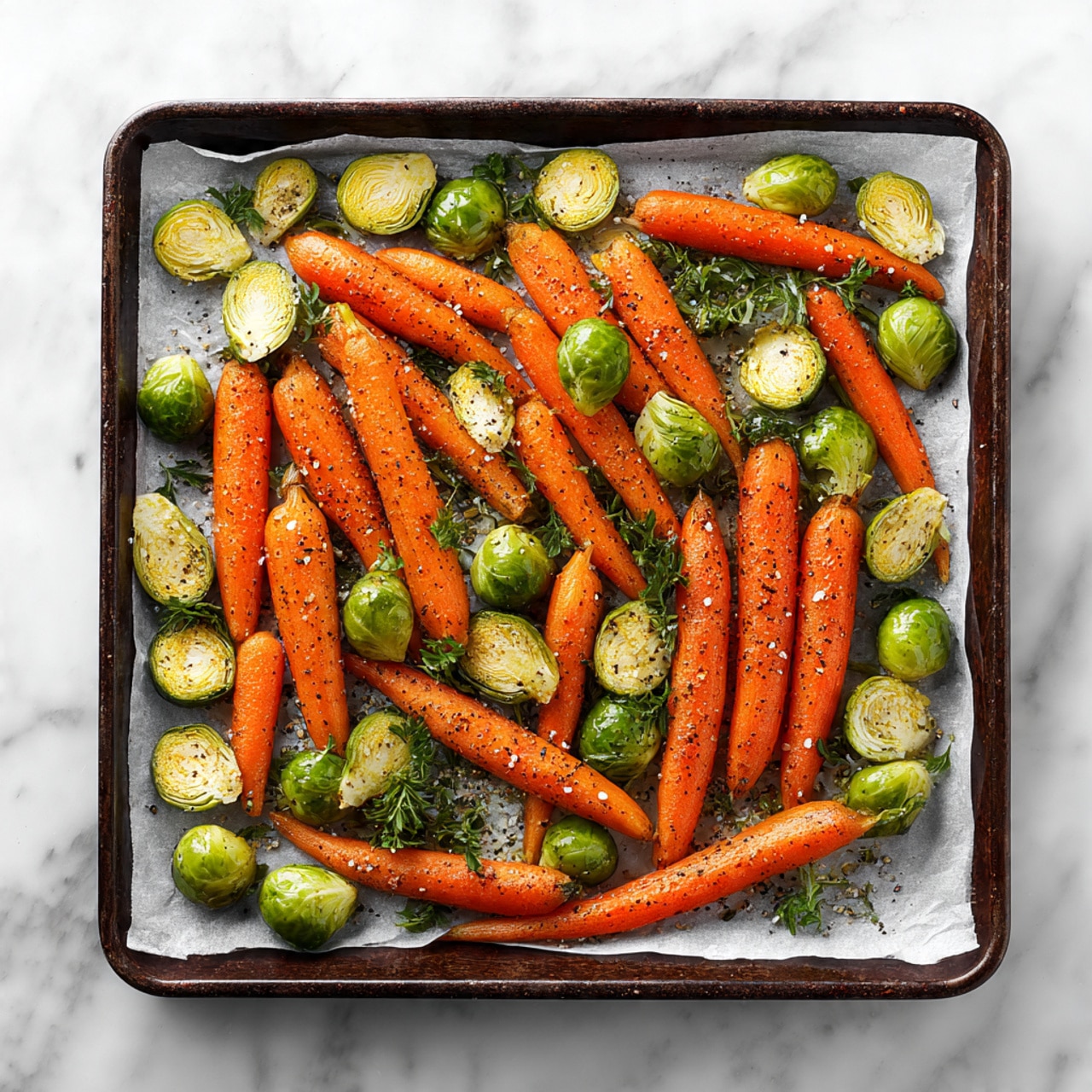 A baking tray filled with layers of bright orange baby carrots and halved green Brussels sprouts scattered evenly across white parchment paper. The vegetables have a fresh, natural texture with a slight shine, sprinkled with coarse black pepper, which adds small dark specks over the smooth carrot skin and crinkled leaves of the Brussels sprouts. The tray's edges are dark and frame the colorful mix of vegetables. The whole scene rests on a white marbled surface. photo taken with an iphone --ar 4:5 --v 7