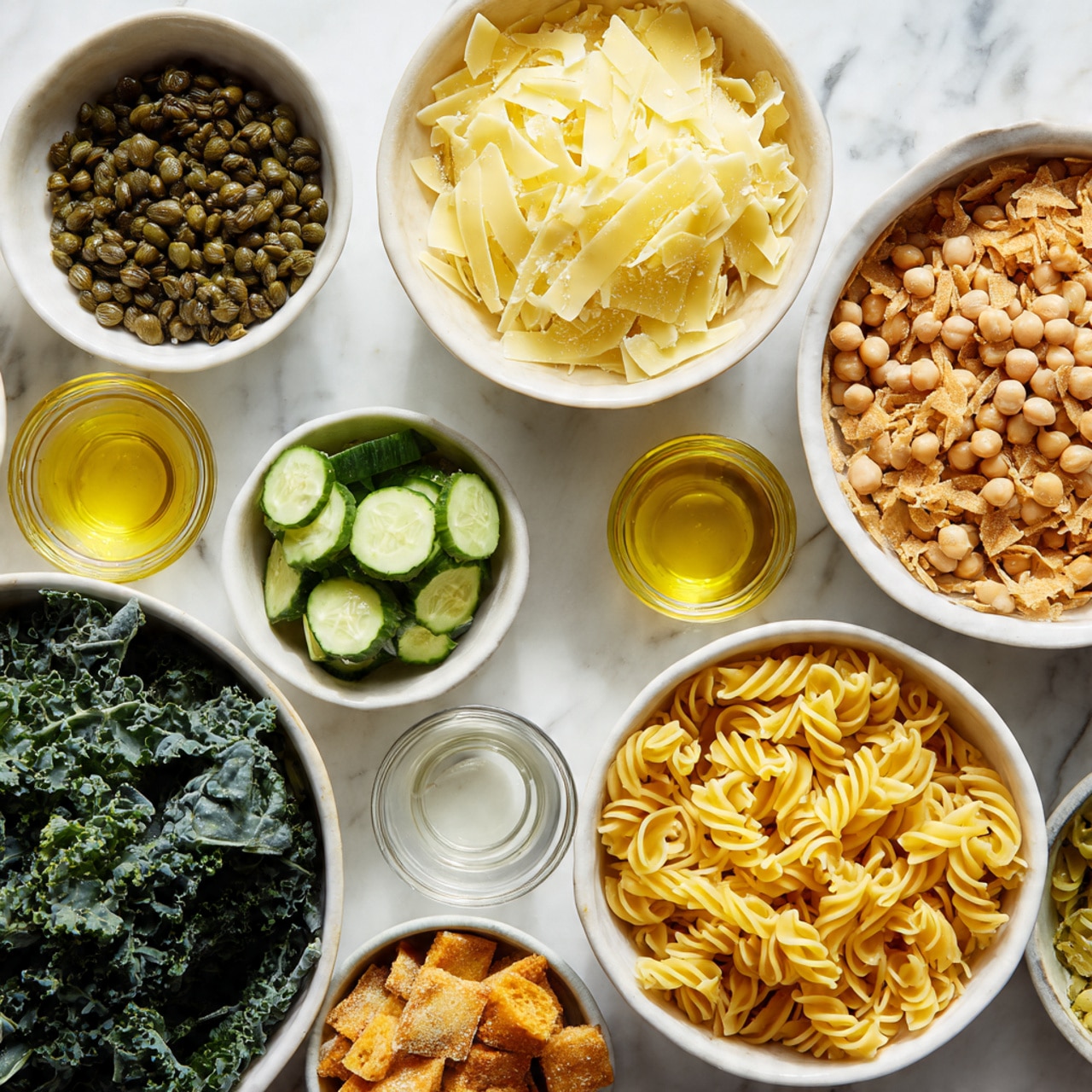 The image shows eight white bowls arranged on a white marbled surface, each filled with different ingredients. Starting from the top left, there is a small white bowl of small dark green capers next to a larger bowl filled with pale yellow, thin shaved cheese flakes. Moving right, there is a medium white bowl full of light brown chickpeas and a small glass bowl of golden olive oil beside it. Below the capers, there is a small glass bowl with clear liquid, followed by a medium white bowl containing fresh, sliced cucumber pieces with dark green skin and pale green flesh. Beneath the shaved cheese, a medium white bowl is filled with golden-brown, crispy bread cubes with a toasted texture. To the left below the chickpeas, a large white bowl is full of dark green, curly kale leaves. The last bowl at the bottom right contains cooked, golden-yellow rotini pasta with a slight sheen. In the lower-left corner, a medium white bowl holds a smooth, light brown creamy sauce. All bowls have white rims, and the scene is brightly lit, showing all textures clearly. Photo taken with an iphone --ar 4:5 --v 7