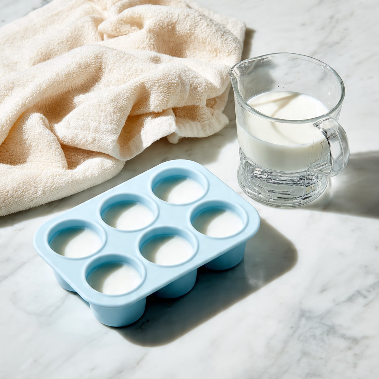 A light blue silicone mold with seven round cavities is filled with a smooth white liquid, set on a white marbled surface. To the top right of the mold, there is a clear glass measuring cup filled with the same white liquid, showing a glossy surface and a small spout. In the top left corner, a soft cream-colored cloth is loosely folded, adding a cozy touch to the scene. The overall look is clean and simple, with soft lighting highlighting the creamy texture of the liquid. Photo taken with an iphone --ar 4:5 --v 7