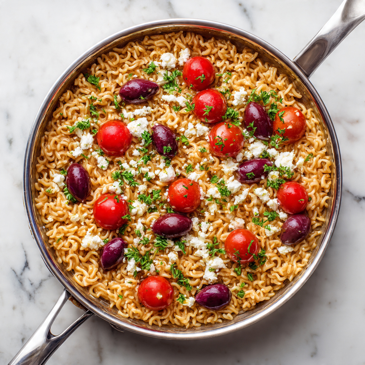 A round steel pan filled with one layer of cooked short pasta in a light brown color mixed with halved bright red cherry tomatoes, dark purple olives, small white crumbles of cheese, and bits of green leafy herbs spread evenly throughout. The pan is placed on a white marbled surface. Photo taken with an iphone --ar 4:5 --v 7
