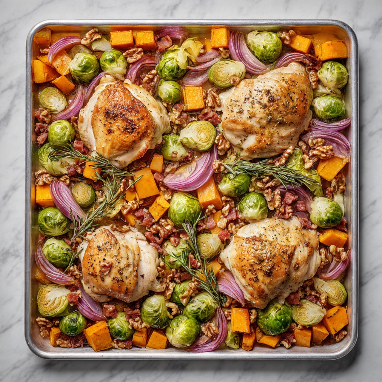 The image shows a baking tray filled with a colorful, layered mix of food. There are four thick, pale golden pieces of cooked chicken placed evenly around the tray. Around and between the chicken, there are bright orange cubes of sweet potato, light green halved Brussels sprouts with a slightly roasted texture, and thin slices of red onion scattered throughout. The vegetables and chicken rest on a base of slightly browned bits and pieces that look like cooked bacon and walnuts, giving some texture and contrast with their soft and crunchy appearances. The whole dish sits on a white marbled textured surface. photo taken with an iphone --ar 4:5 --v 7