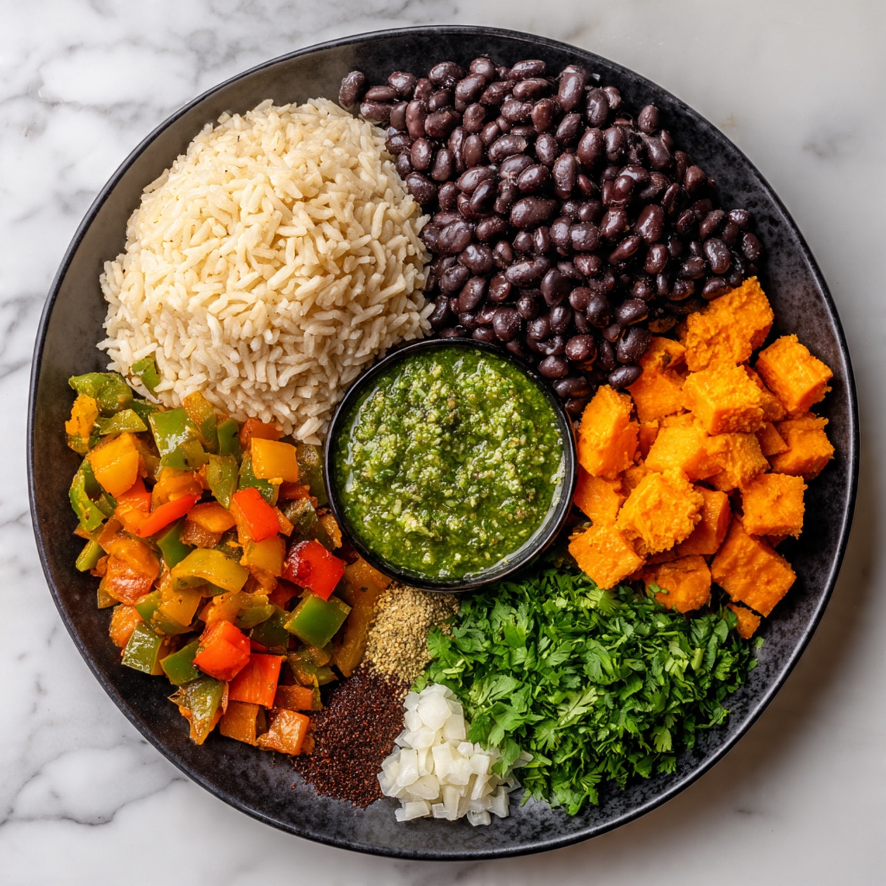A black pan shows a mix of colorful ingredients arranged in separate sections. At the top left part, there is a mound of light beige cooked rice, next to a heap of shiny, dark black beans on the top right. Below the beans and rice are small cubes of bright orange sweet potatoes mixed with bits of green peppers spread along the bottom and right edge. In the left bottom corner sits a spread of green salsa verde sauce, with finely chopped fresh green cilantro beside it. Near the sweet potatoes, there are a few different spices and a small dollop of white substance, possibly garlic or cheese. The whole pan rests on a white marbled textured surface, photo taken with an iphone --ar 4:5 --v 7