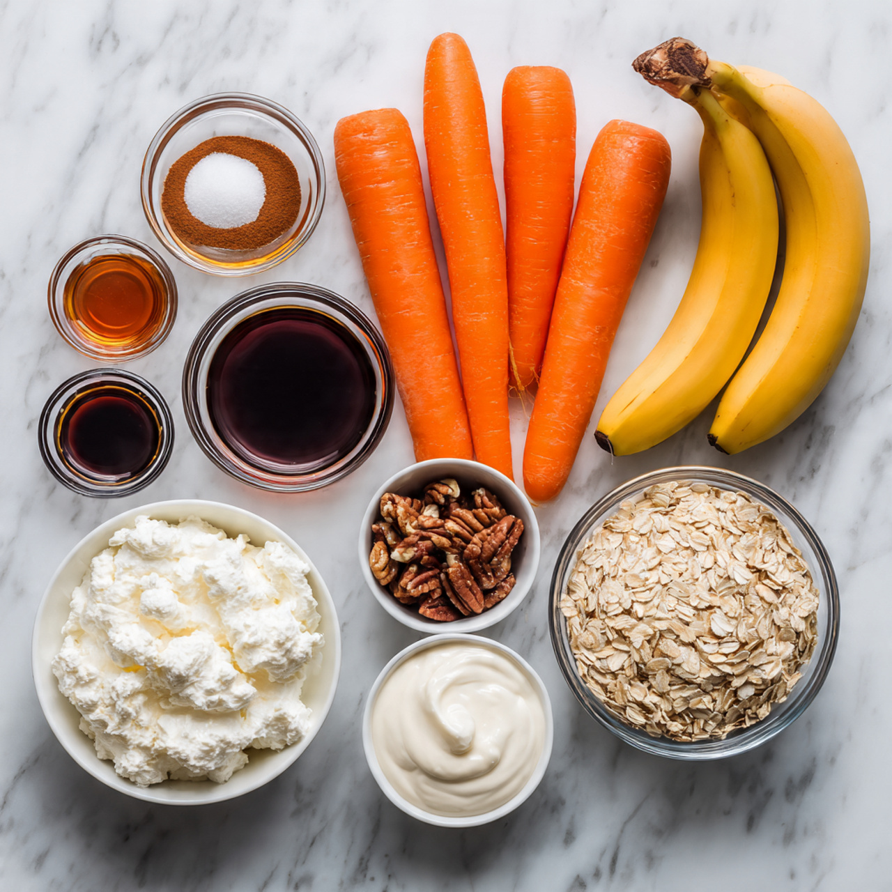 The image shows a flat lay of various baking ingredients arranged neatly on a white marbled surface. Two bright orange carrots sit in the middle, with two yellow bananas positioned to their right. To the left of the carrots are three small glass bowls stacked vertically, containing dark maple syrup at the top, white baking powder in the middle, and brown cinnamon at the bottom. Below these is a tiny glass bowl filled with dark vanilla extract. Towards the bottom center, a white bowl contains dark brown pecans, while to the right, another white bowl holds creamy white Greek yogurt. At the bottom left, a clear glass bowl is full of white cottage cheese with a lumpy texture, and next to it on the right, a clear glass bowl holds light brown oats with a rough texture. All elements are brightly lit and clearly visible, photo taken with an iphone --ar 4:5 --v 7