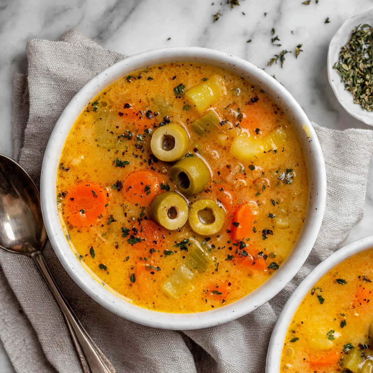 Creamy Green Olive Soup with Herb-Infused Olive Oil Recipe