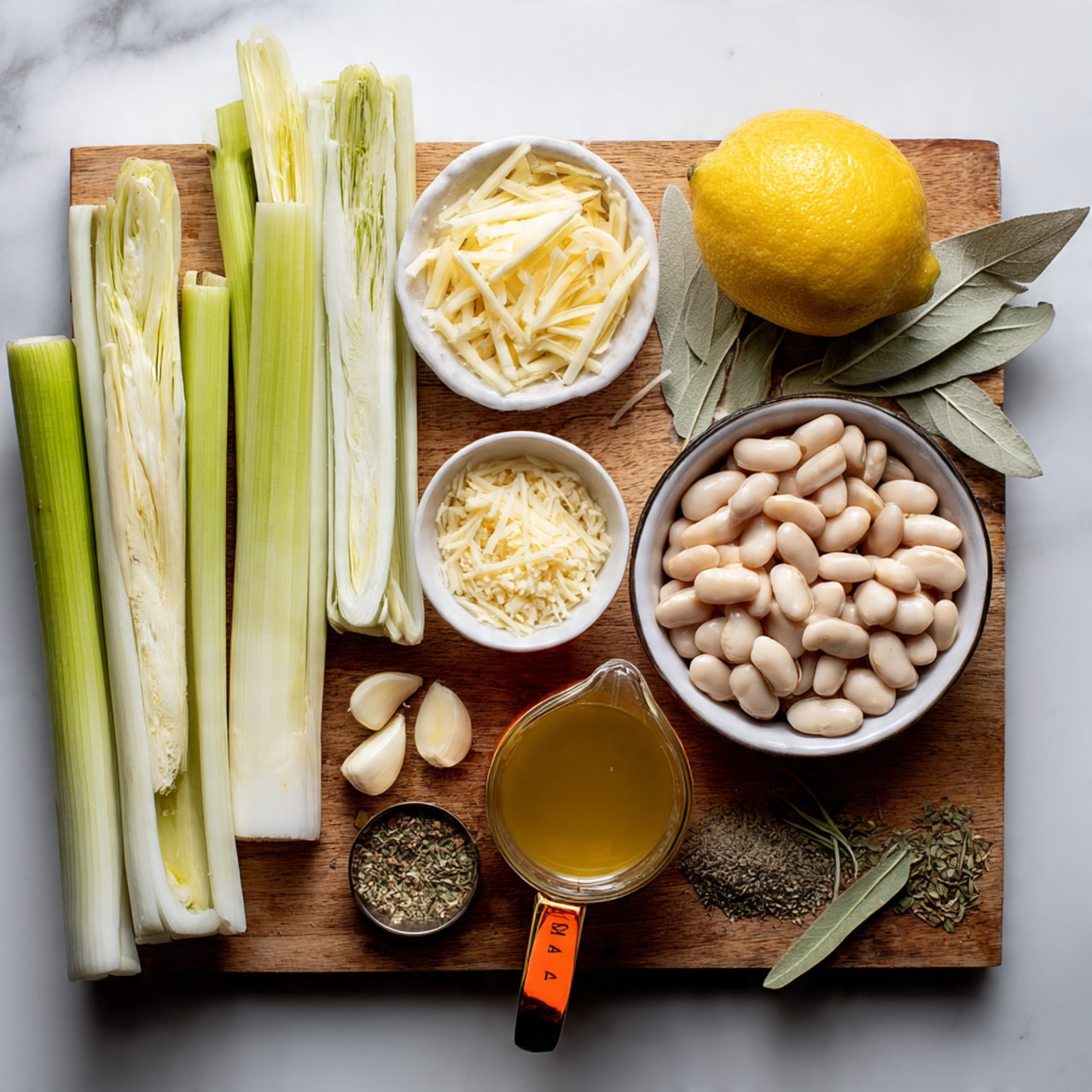 A wooden board on a white marbled surface holds several ingredients arranged neatly. At the top, there is a pile of thinly sliced pale green and white leeks. Below the leeks, a white small bowl is filled with light yellow shredded cheese, and next to it, a white bowl is filled with plump, pale beige white beans. To the right of the beans, there is half a lemon showing its bright yellow inside. On the left side of the board, there is a small pile of finely chopped white garlic near a sprinkle of dried green and brown seasonings. In front rests a clear jug with golden yellow vegetable stock speckled with herbs. A metal measuring cup with an orange handle containing clear white wine lies beside the beans. photo taken with an iphone --ar 4:5 --v 7