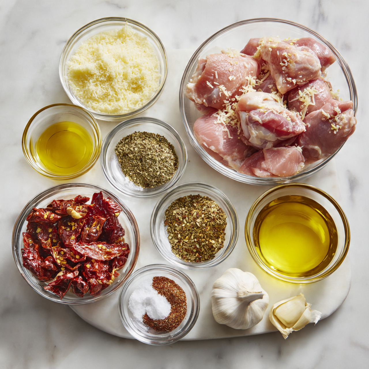 The image shows multiple clear glass bowls arranged on a white marbled surface, each containing different ingredients for cooking. There are four larger bowls holding pale cream liquid (heavy cream), light yellow powder (Parmesan), raw pink chicken thighs, and golden chicken stock. Smaller bowls contain dried green oregano, dark green Italian seasoning, red pepper flakes, bright green fresh basil leaves, olive oil with a golden yellow color, sun-dried tomatoes in deep red chunks, white cornstarch powder, black pepper in coarse ground form, and white salt crystals. A bulb of garlic with two cloves partially peeled is placed directly on the surface. All bowls are round and transparent, revealing the colors and textures inside very clearly. The overall look is clean and organized, with a simple and bright setting. Photo taken with an iphone --ar 4:5 --v 7
