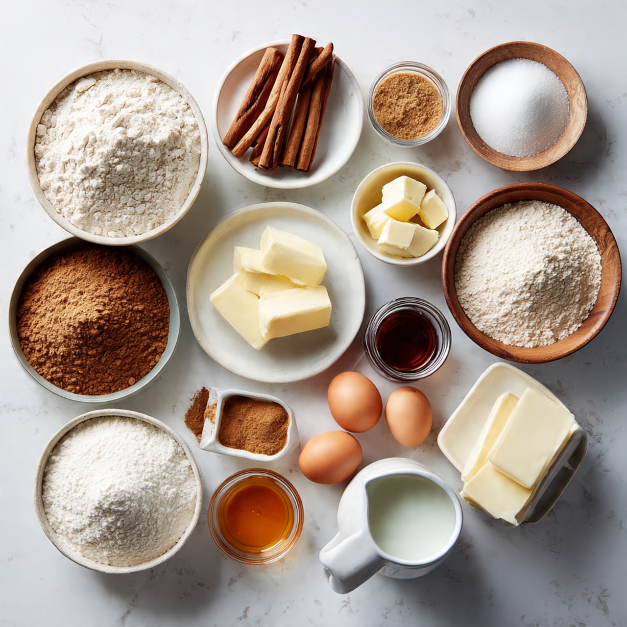 The image shows a flat lay of different baking ingredients arranged neatly on a white marbled surface. There are eleven containers: a clear glass bowl with white flour at the left top, a small white bowl with two cinnamon sticks on top of a mound of brown powder beside it, and a white bowl with two blocks of butter to the right. Below these, there is a small white plate with a few pats of butter and a white bowl filled with white sugar next to a tiny clear glass jar with dark liquid. A thick brown powder fills a white bowl near the center bottom, accompanied by a wooden bowl holding three brown eggs. Toward the lower area, there is a white pitcher with milk, a small jar with brown sugar, a small glass bowl holding amber liquid, and a white cream pitcher. To the bottom right, a rectangular white box is full of powdered sugar. Everything is clearly seen with soft natural light, photo taken with an iphone --ar 4:5 --v 7