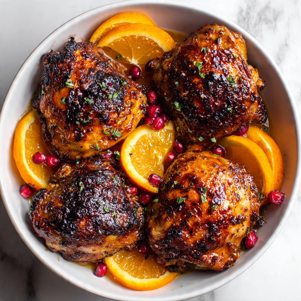 The dish shows four golden-brown cooked chicken thighs placed in a white bowl, each piece with a crispy, slightly charred texture on top. Among the chicken thighs, there are several bright orange slices, some whole and some cut in half, spreading vivid color and juicy texture throughout the bowl. Small, round, deep red berries are scattered around, adding contrast on the chicken and orange slices. The bowl is set on a white marbled surface, with light reflections on the chicken skin emphasizing its glazed, shiny look. The composition feels warm and inviting, with natural lighting highlighting the colors and textures. photo taken with an iphone --ar 4:5 --v 7