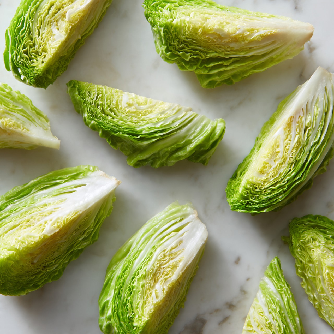 The image shows several pieces of green cabbage cut into wedges arranged on a white marbled surface. Each wedge reveals multiple layers of tightly packed, pale green to white leaves, with the outer leaves being darker green and smoother while the inner leaves have a denser, more textured look. The wedges are laid out in a scattered pattern, showing the curved shapes and intricate natural patterns inside the cabbage. The lighting highlights the freshness and the detailed textures of the leaves. photo taken with an iphone --ar 4:5 --v 7