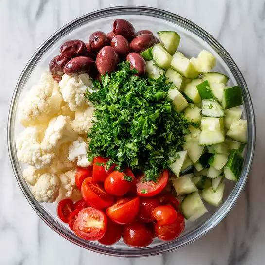 A clear glass bowl is filled with five separate layers of fresh salad ingredients arranged in a circular pattern. Starting from the bottom left, there are small white rice grains, followed by bright red grape tomatoes, some cut in half, showing their juicy inside. Next, in the center lies a heap of finely chopped green parsley. To the top right of the parsley are light green cucumber pieces cut into small chunks with skin on, and next to the cucumber on the top left are thin slices of dark red olives. The bowl sits on a white marbled surface with soft natural lighting shining on it, photo taken with an iphone --ar 4:5 --v 7