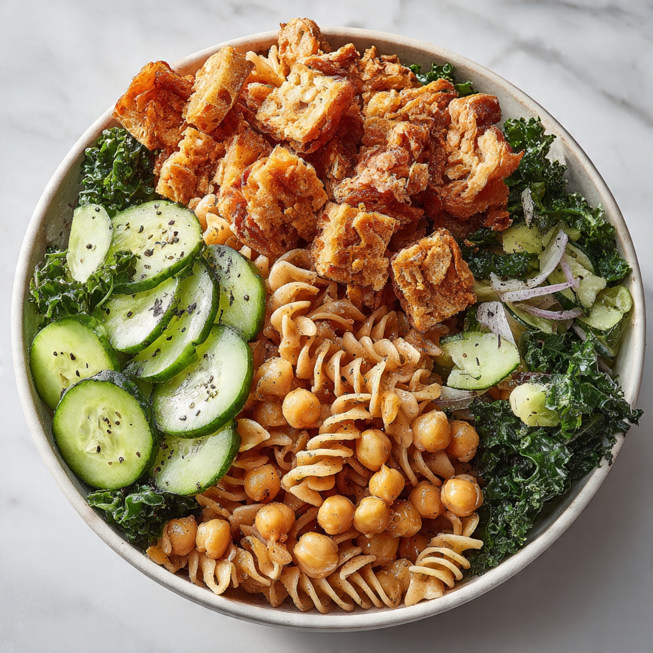 In a white bowl on a white marbled surface, there is a layered pasta salad with three main parts. The bottom layer shows light brown rotary pasta mixed with chickpeas and green leafy kale. Over the pasta, there are fresh cucumber slices with dark green skin and a crisp texture. On top of everything, there is a big pile of crispy golden brown croutons with a crunchy texture and some black seasoning. The bowl is filled to the top with the colorful and textured salad, creating a fresh and appetizing look photo taken with an iphone --ar 4:5 --v 7